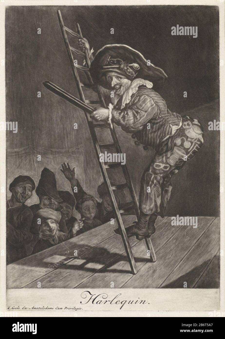 Harlekijn Harlequin (titel op Object) sul palco è un harlequin su una scala. Il suo pubblico consiste kinderen. Produttore : stampatore Cornelis Dusart (attribuito allo studio) Editore: Jacob Gole (proprietà in elenco) fornitore di privilegio: City council Amsterdam (proprietà in elenco) Luogo fabbricazione: Stampatore: Haarlem Editore: Amsterdam Data: 1680 - 1704 caratteristiche Fisiche: Mezzotinta e engra materiale: Paper Tecnica: Mezzotint / engra (processo di stampa) dimensioni: Bordo della lastra: H 252 mm × W 177 mm Oggetto: Digitare "commedia dell'arte" Harlequinladder Foto Stock