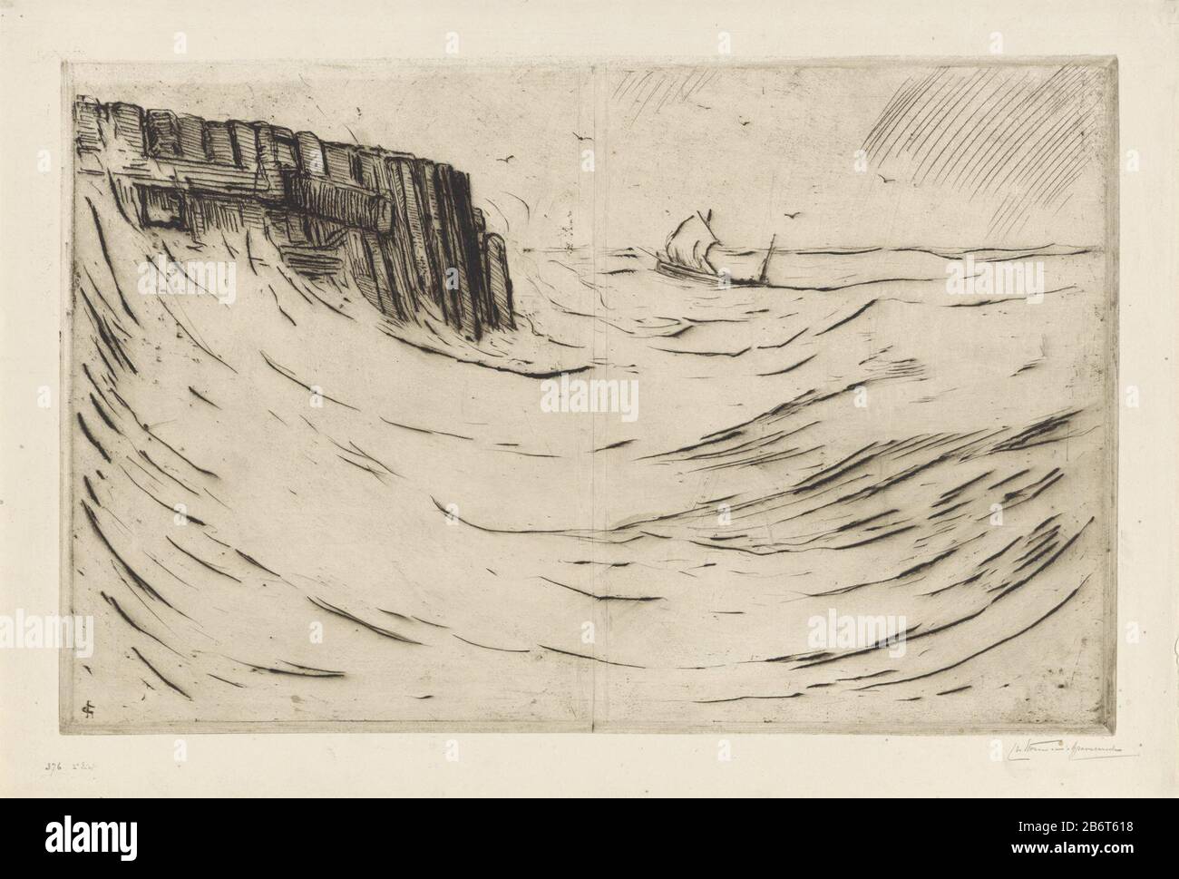 Havenhoofd te Vlissingen un molo a Flushing High golven. Produttore : stampatore Carel Nicolaas Storm van' s Gravesande (personalmente firmato) Luogo di fabbricazione: Olanda Data: 1901 caratteristiche Fisiche: DRYPOINT materiale : carta Tecnica: Punto di essiccazione misure: Bordo della lastra: H 342 mm × W 534 mm Oggetto: Molo, banchina, molo dove: Vlissingen Foto Stock