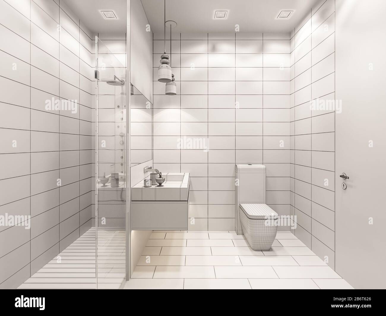 3D rendering dell'interno del bagno con doccia Foto Stock