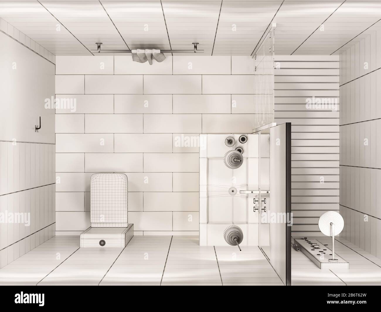 3D rendering dell'interno del bagno con doccia in 3d vista dall'alto Foto Stock