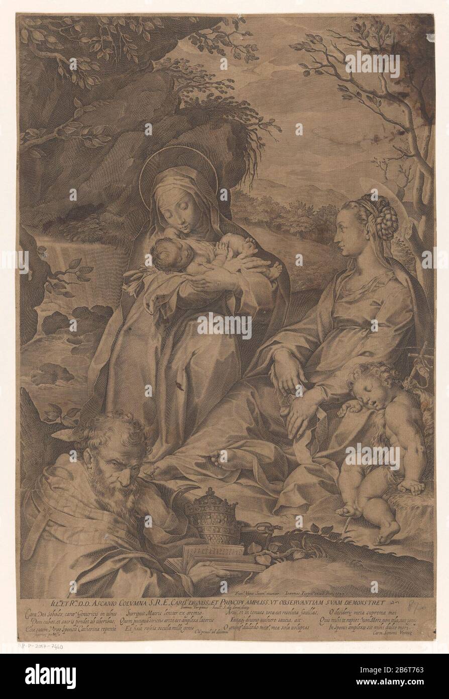Heilige Catharina van Siena met het Christuskind, Maria, een slapende Johannes de Doper en een paus Santa Caterina da Siena con il Cristo Bambino, Maria, un dormiente Giovanni Battista e un papa tipo di oggetto: Foto numero articolo: RP-P-2017-7440Catalogusreferentie: Leblanc 12 Iscrizioni / marchi: Collector's mark, vero, stampato: Lugt 2228 marchio collettore , vero, stampato: Lugt 2028 Produttore : stampatore Philippe Thomassin (edificio elencato), disegnato da Francesco Vanni (edificio elencato): Jean Turpin (proprietà quotata) fornitore di privilegio: Clemente VIII (edificio elencato) dedicato ad Asciano Foto Stock