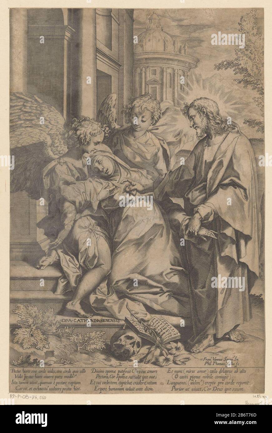 Heilige Catharina van Siena Santa Caterina da Siena cambiamento di cuore a Cristo. Caterina sviene davanti a Cristo davanti a lei con un cuore nella sua mano. Catharina viene prelevato da due engelen. Produttore : stampatore: Philippe Thomassin (indicato sull'oggetto) a disegno di: Francesco Vanni (indicato sull'oggetto) Produzione Luogo: Stampatore: Roma a disegno: Italia Data: 1588 - 1589 Materiale: Carta Tecnica: Engra (processo di stampa ) / lavorazione a punti: Foglio: H 364 mm (taglio del bordo interno della piastra) × W 241 mm (taglio del bordo interno della piastra) Oggetto: Santa Caterina da Siena che cambia il cuore con Chri Foto Stock
