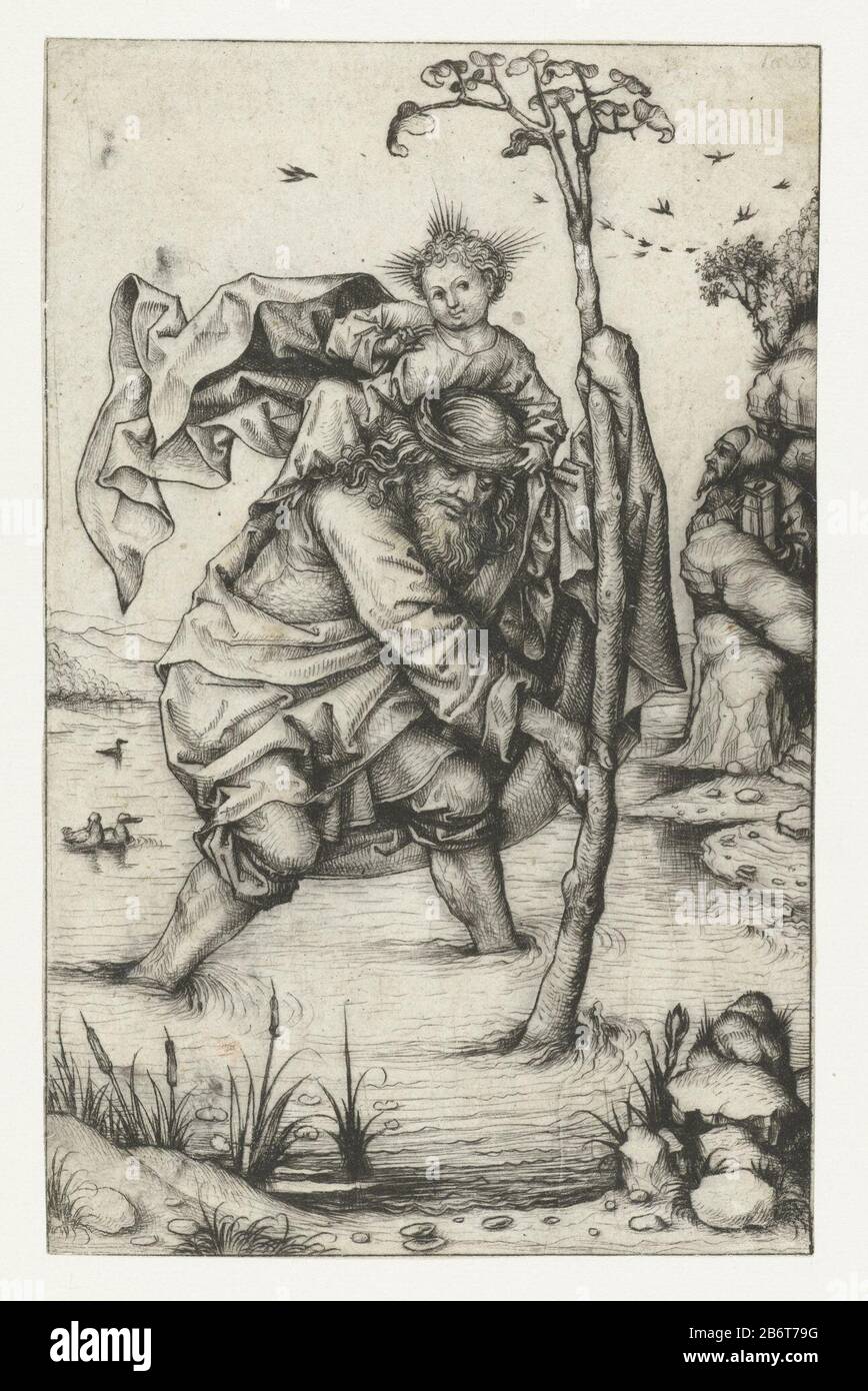 Heilige Christoffel ('grote versie') Christopher con Cristo nella sua schiena, in piedi nel fiume. Il suo personale sta crescendo palma data. Tra le rocce, l'eremita con la sua lantaarn. Produttore : stampatore Master of the Amsterdam Cabinet To own design: Master of the Amsterdam Cabinet Place manufacturing: Germany Data: 1480 - 1485 caratteristiche Fisiche: DRYPOINT materiale: Carta Tecnica: DRYPOINT dimensioni: Foglio: H 166 mm b × 105 mmToelichtingunicum, pressione molto buona con plattoon leggero Oggetto: San Cristoforo con il bambino Cristo sulle sue spalle, guado attraverso l'acqua e portando la sua sta Foto Stock