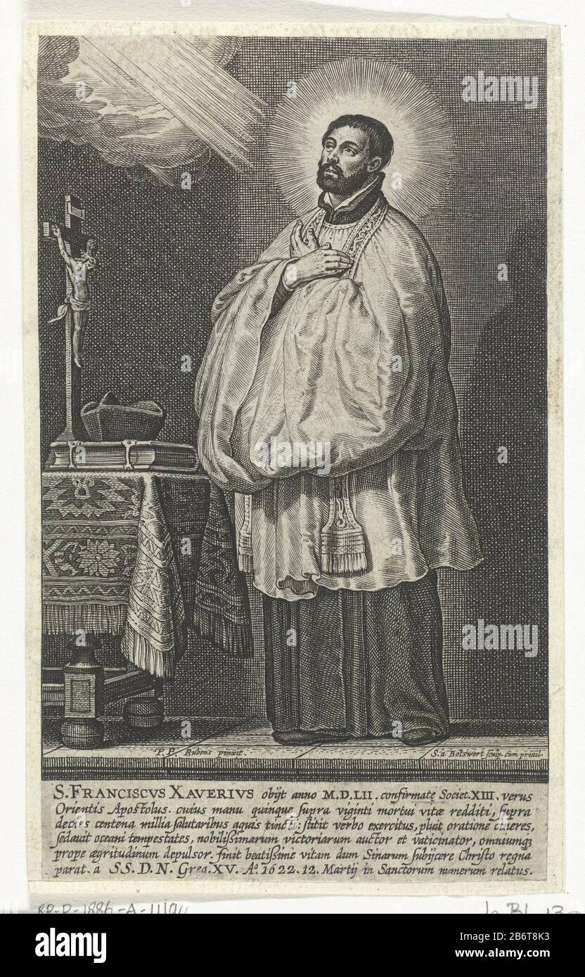 Heilige Franciscus Xaverius San Francesco Saverio guarda in adorazione al cielo. Tra gli spettacoli c'è un testo in latino sui meriti dell'heilige. Produttore : Printmaker: Schelte Adamsz. Bolswert (proprietà elencata) a dipingere da Peter Paul Rubens (proprietà elencata) fornitore di privilegio sconosciuto (edificio elencato) Datato: 1622 caratteristiche Fisiche: Materiale dell'automobile: Tecnica della carta: Engra (processo di stampa) dimensioni: Foglio: H 147 mm × b 88 mmToelichtingPrent alla pittura da Peter Paul Rubens. Oggetto: Il missionario gesuita Francis Xavier; possibili attributi: Croce, crocifisso, cuore fiammeggiante, indiano, giglio, Foto Stock