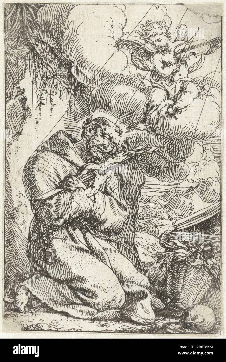 Heilige Franciscus het kruis kussend San Francesco seduto sul pavimento in un paesaggio, un crocifisso nelle sue braccia. Una nuvola nel cielo un angelo che gioca una vena. Produttore : stampatore Jonas Umbachnaar own design: Jonas UmbachPlats manufacturing: Augsburg Data: 1634 - 1693 caratteristiche Fisiche: Acquaforte materiale: Tecnica della carta: Acquaforte dimensioni: Foglio: H 119 mm × W 79 mm Soggetto : un angelo che suona il violino Appare a San Francesco d'Assisi; Francesco forse sulla sua falce, death bed, o meditando in aria aperta Foto Stock
