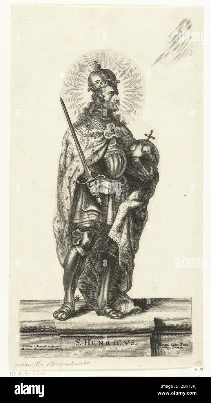 Heilige Hendrik van Duitsland Heiligen (seriettel) il Santo Re Enrico II Germania e imperatore del Sacro Romano Impero. Enrico indossa l'armatura e il suo mantello imperiale. Indossa anche la corona imperiale. Nella sua mano sinistra tiene fermo il globo (con croce), segno del suo ruolo di imperatore. Nella sua destra ha un pesante d, simbolo della sua autorità secolare. Ha un alone intorno alla sua testa e guardando in alto a destra della foto, dove i raggi di luce sono getoond. Produttore : stampatore: Matthew Borrekens (proprietà elencata) disegnare: Abraham van Diepenbeeck (edificio elencato) Editore: Martinus van d Foto Stock