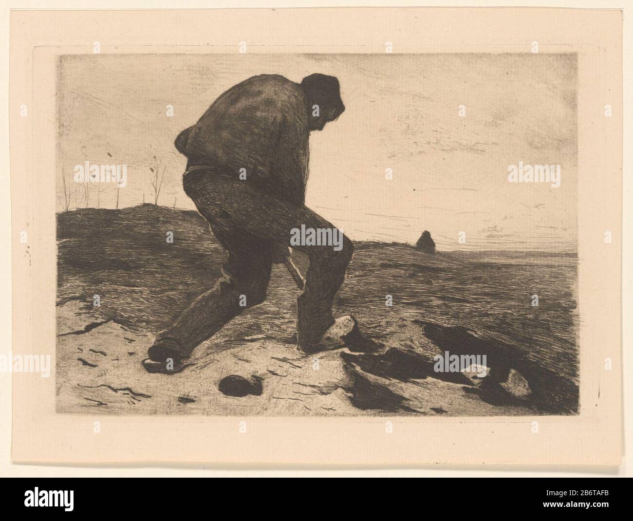 Heikerker Digging uomo. Produttore : printmaker Willem Witsenplein Dating: CA. 1888 Materiale: Carta Tecnica: Incisione / plate dimensioni tono : bordo della lastra: H 160 mm × W 240 mm Oggetto: Adulto che manspinge qualcosa Foto Stock
