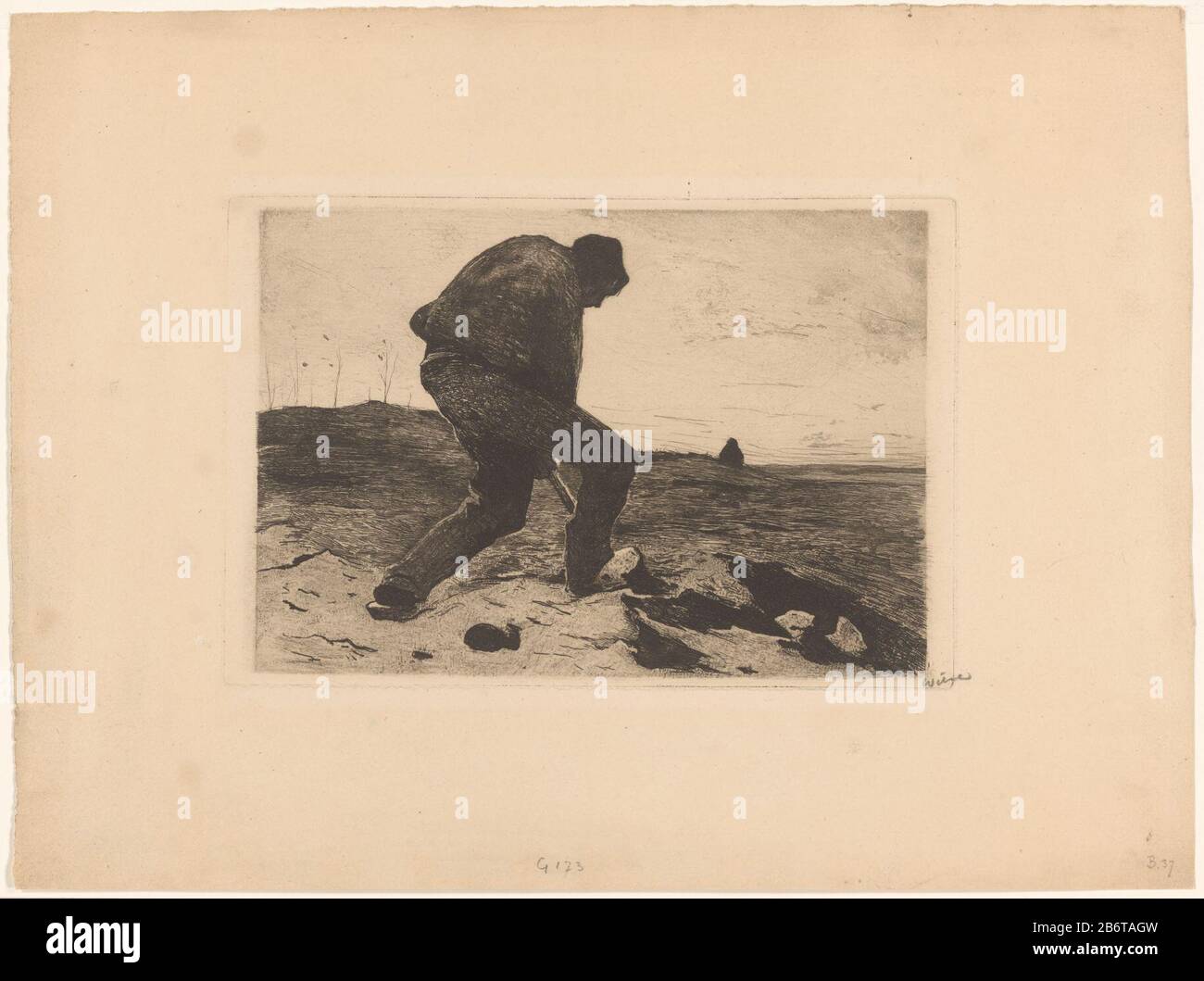 Heikerker Digging uomo. Produttore : stampatore Willem Witsen (personalmente firmato) Data: Circa 1888 Materiale: Carta Tecnica: Incisione / tono dimensioni piastra: Bordo piastra: H 160 mm × W 240 mm Soggetto: Adulto che manpush qualcosa Foto Stock