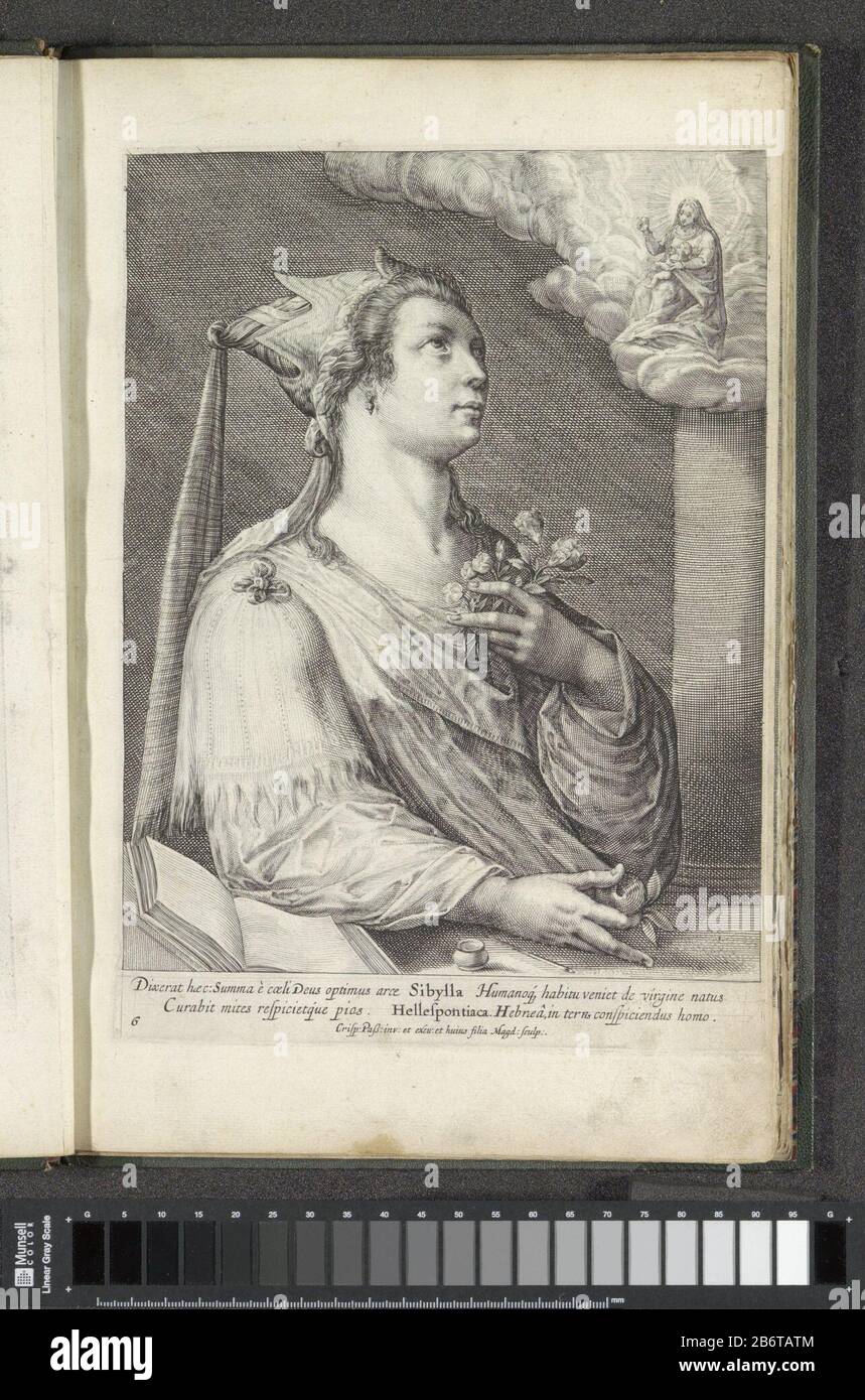 Hellespontische Sibille Sibylla Cimmeria (titel op Object) Sibillen (serietitel) De Hellespontische Sibille zit aan een taxel. In haar rechterhand houdt ze een vrucht en in haar linkerhand een bos bloemen. ZE kijkt op naar de hemel Foto Stock