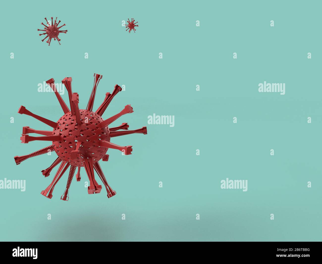 rendering 3d del modello rosso coronavirus in sfondo ciano con spazio per il testo. Foto Stock
