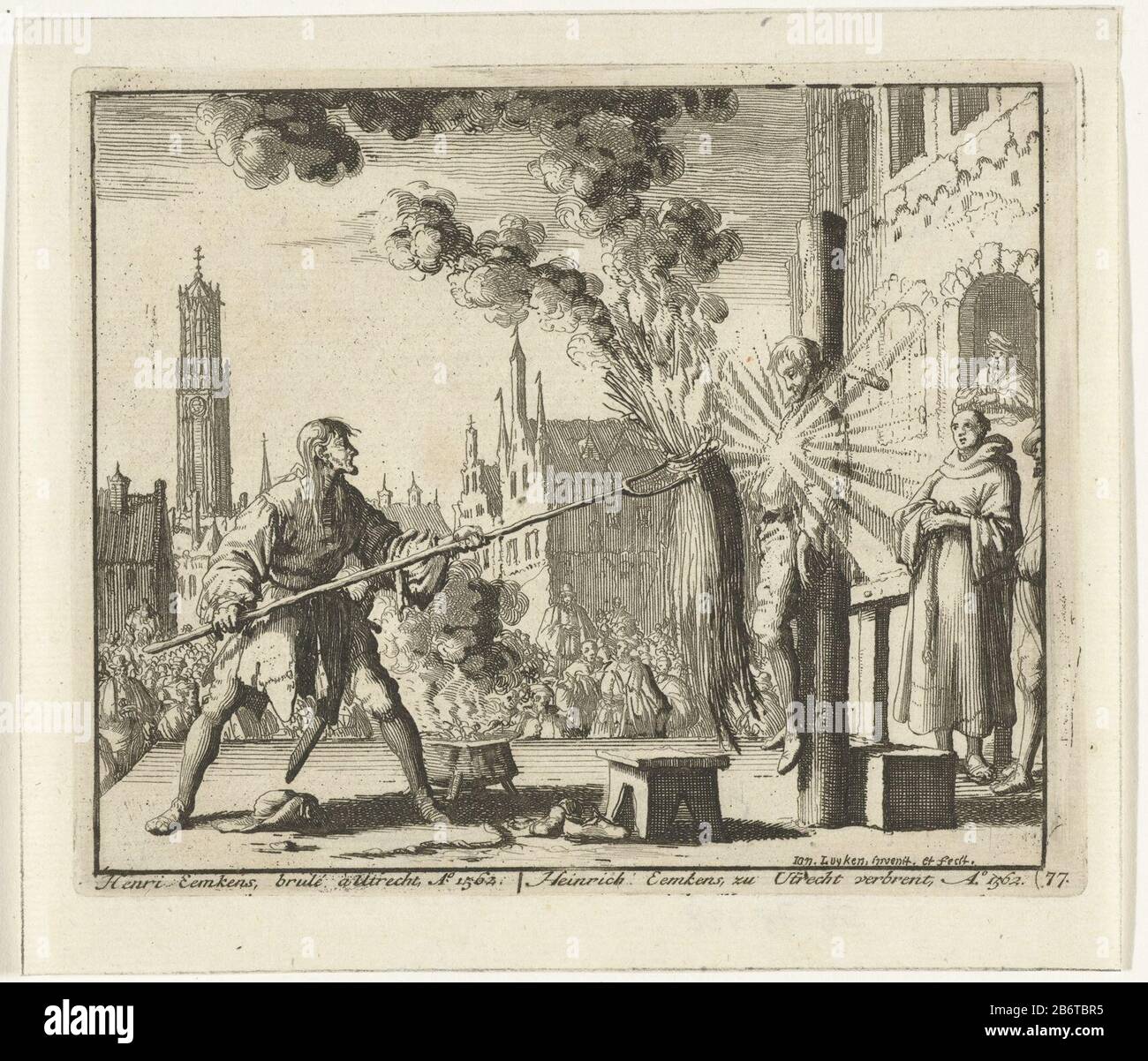 Hendrik Eemkens su un'impalcatura pubblica Utrecht ucciso da polvere da sparo, 1562. Produttore : stampatore Jan Luyken (indicato sull'oggetto) ad un disegno di: Zwansvliet (indicato sull'oggetto) Luogo di produzione: Nord Olanda Data: 1683 - 1685 caratteristiche Fisiche: Materiale di attacco: Tecnica della carta: Dimensioni di attacco: Bordo della lastra: H 115 mm × W 143 mmTohelichtingDe stampe usate in questo secondo stato per illustrare: Teatro des Martyrs depuis la mort presentare la jusqu'à J. Christ (...). = Schau Stage mezzi del Martirer, P. van der Aa, Leiden ca. 1715, N. 77. Le stampe sono state realizzate per primi Foto Stock