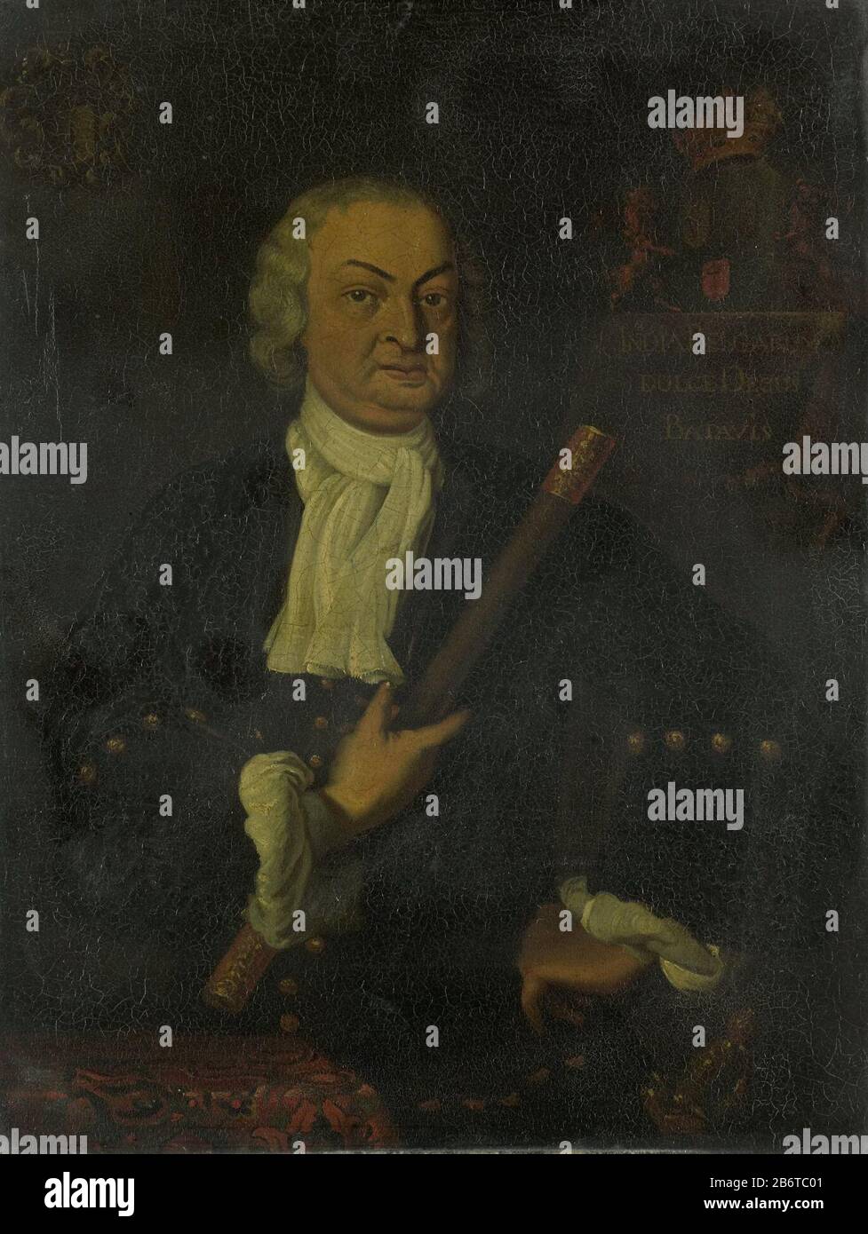 Hendrik Swaardecroon (1667-1728) Gouverneur-generaal (1718-25), SK-A-4542 Ritratto di Henry Swaardecroon (1667-1728). Governatore Generale (1718-25). In piedi dietro un tavolo, a mezza lunghezza, e la faccia. Comandare Il Personale nella mano destra, sul lato sinistro. In alto a sinistra lo stemma, a destra delle armi combinate di Batavia, il VOC e un'arma sconosciuta con un'ancora. Parte di una serie di copie di ritratti dei governatori generali delle ex Indie Orientali Olandesi, probabilmente della East India Company. Copia in SK-A-3773. Produttore : pittore: Henry van den Bosch (copia a) Data: 1750 - 1800 Fisico c Foto Stock