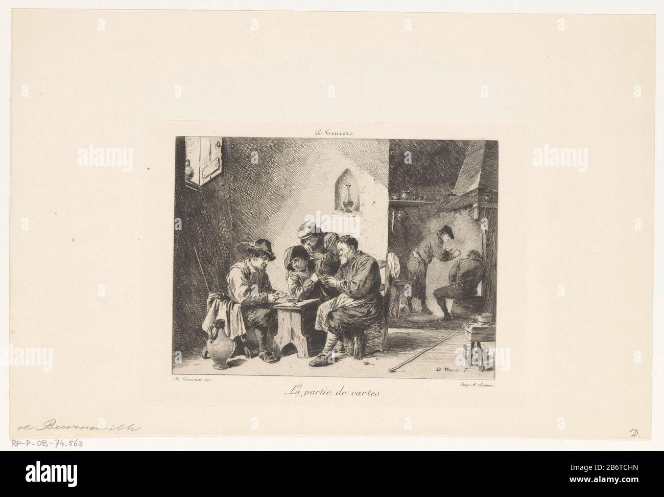 Herberginterieur met kaartspelers la partie des cartes (titel op object) interno di una locanda con kaartsprelsla partie des cartes (title object) tipo Di Oggetto: Picture book illustrazione numero articolo: RP-P-OB-74.563 Iscrizioni / marchi: Collector's mark, vero, timbrato: Lugt 2228 Produttore : Tipografia Henri Toussaint (oggetto elencato) a dipingere di David Teniers (edificio elencato) pulsante: Alfred Salmon (proprietà elencate) Luogo fabbricazione: Parigi Data: 1881 Materiale: Tecnica della carta: Dimensioni dell'incisione: Foglio: H 207 mm (bordo della piastra difficile da vedere) × W 315 mm (bordo della piastra difficilmente visibile) Commento Foto Stock