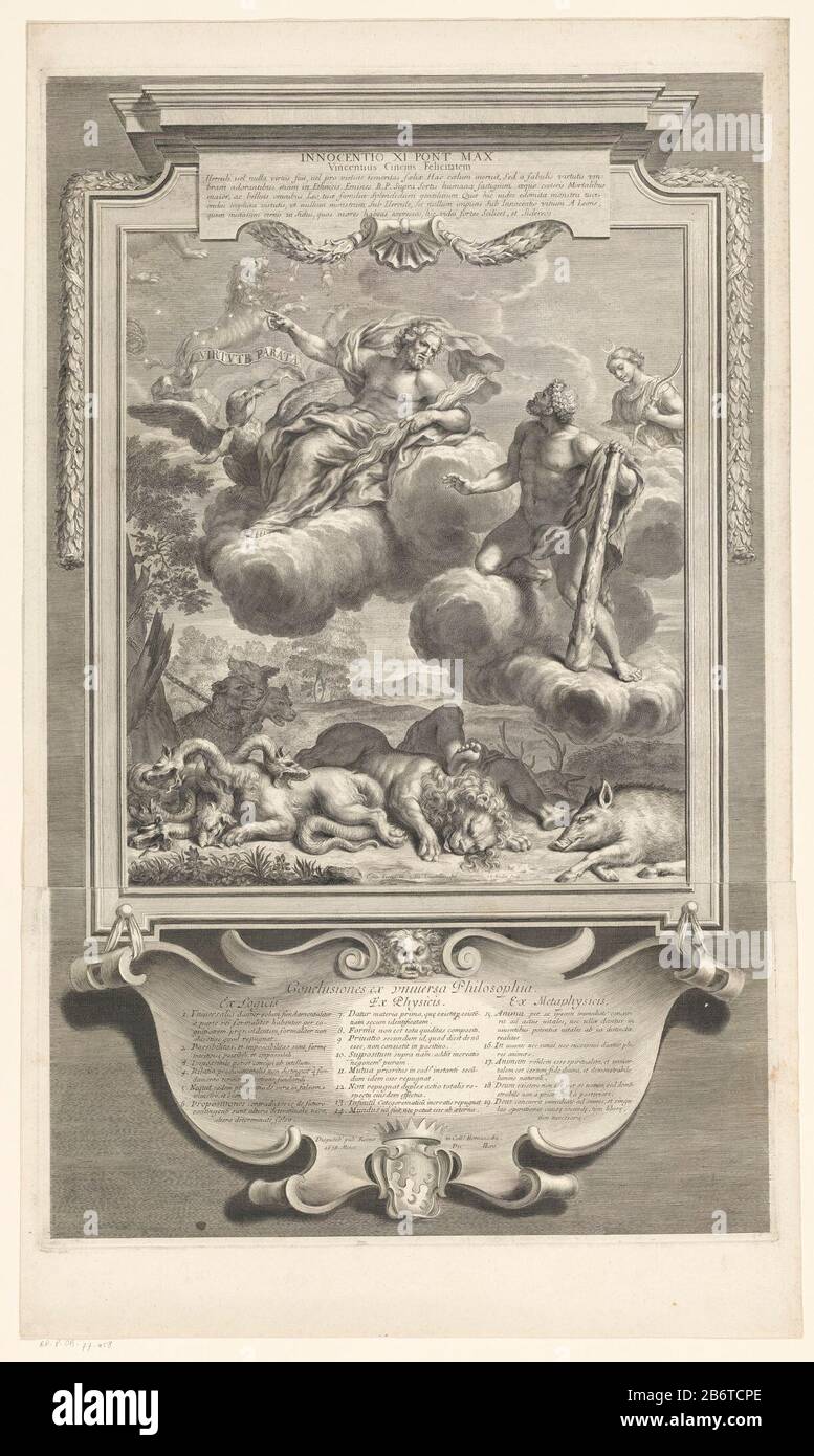 Hercules biedt Giove zijn verslagen vijanden aan Hercules Giove offre i suoi nemici sconfitti. Questi Journal dedicati a Papa Innocenzo XI da Vincent Ceneius Produttore : tipografia: Jean Louis Roullet disegnatore: Pietro Locatelli a disegno: Ciro Ferri Data: 1678 Materiale: Carta Tecnica: Engra (processo di stampa) dimensioni: H 725 mm × W 463 MMD Foto Stock