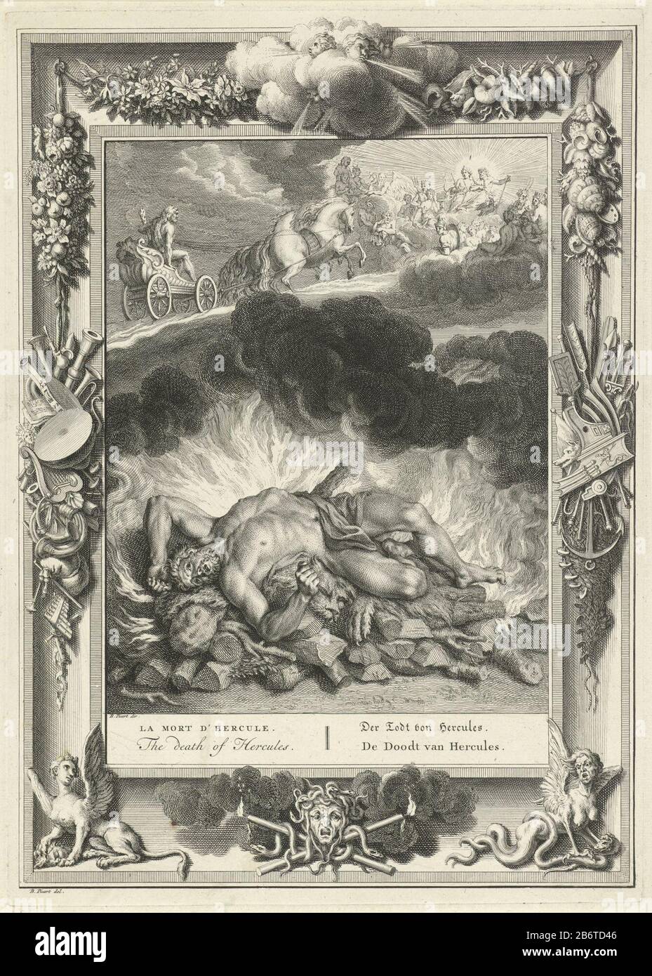 Hercules op de brandstapel Hercules è tornato in gioco. Dopo la sua morte Ercole in macchina di Minerva si schierò su Giove, per prendere il suo posto tra i dodici dei dell'Olimpo. A margine del titolo in francese, inglese, tedesco e olandese. Lo spettacolo è decorato con un rand decorativo. Produttore : stampatore: Bernard Picart (studio) supervisione: Bernard Picart (indicato sull'oggetto) disegno di: Bernard Picart (indicato sull'oggetto) Luogo di produzione: Amsterdam Data: 1733 caratteristiche Fisiche: Incisione e engra materiale : carta Tecnica: Incisione / engra (processo di stampa Foto Stock
