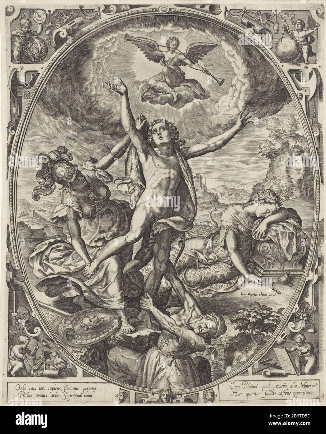 Hercules op de tweesprong Hercules per personificazione di Vice ritirato nell'abisso, mentre Minerva come personificazione Della Virtù cerca di tirarlo indietro. Punta alla fama che soffia al cielo sulla sua tromba. Juno dorme proprio. Lo spettacolo è tenuto in una cornice ovale. Gli angoli sono decorati con putti con simboli delle arti e delle scienze: Astronomia (in alto a sinistra), geometria (a destra), architettura (a sinistra) e aritmetrie (a destra) . Produttore : stampatore John Chi: Rixnaar design Joannes Martinus Stella scrittore: Hugo Favoliusuitgever: Johannes Baptista Vrints (i) (edificio elencato) fornitore di Foto Stock