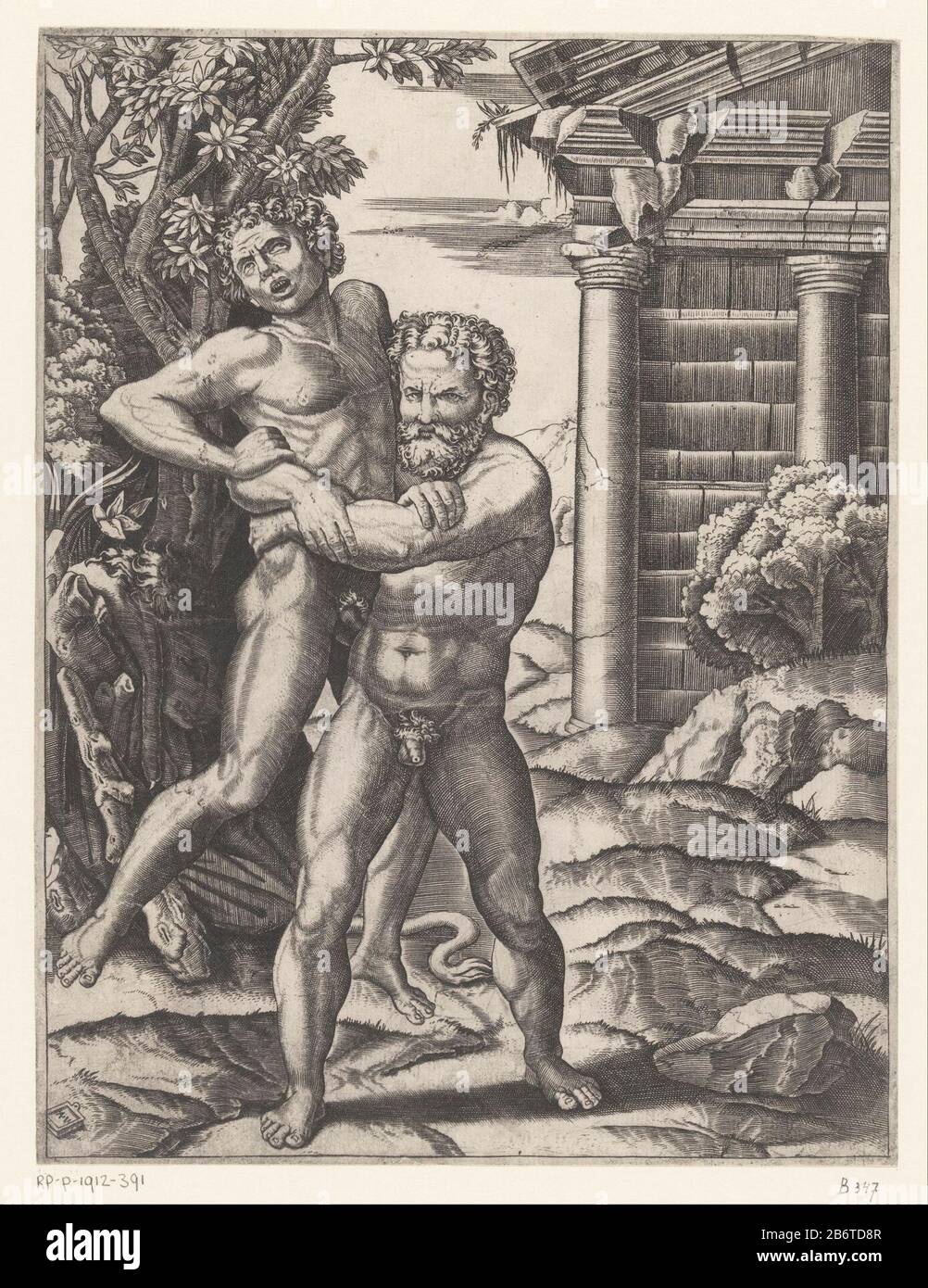 Hercules worstelt incontrato Antaeus Ercole tiene Antaeus saldamente intorno alla sua vita. Antaeus era invincibile finché rimase in contatto con la Terra, Ercole lo sollevò da terra. Ignorare il leone e il club di Ercole. Sullo sfondo destro una tempesta antica dilapidata. Produttore : stampatore: Agostino Veneziano (proprietà in elenco) da stampare da Marc Antonio Raimondinaar disegno: Raffaello da vedere: Anonimo luogo fabbricazione: Italia Data: 1500 - circa 1536 caratteristiche Fisiche: Acquaforte e engra materiale: Tecnica della carta: Engra (processo di stampa) / dimensioni dell'incisione: Foglio: H 286 mm (Interno Foto Stock