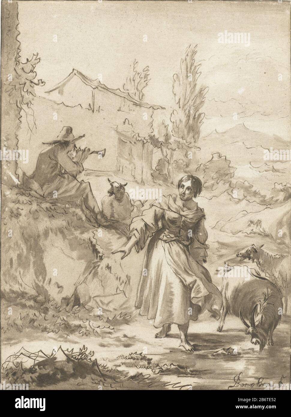 Herder ha incontrato schalmei un pastore siede su una roccia e gioca il  canto. Accanto a lui c'è un pastore. Capre sono situate intorno al Paar.  Produttore : stampatore : Jurriaan Cootwijcknaar