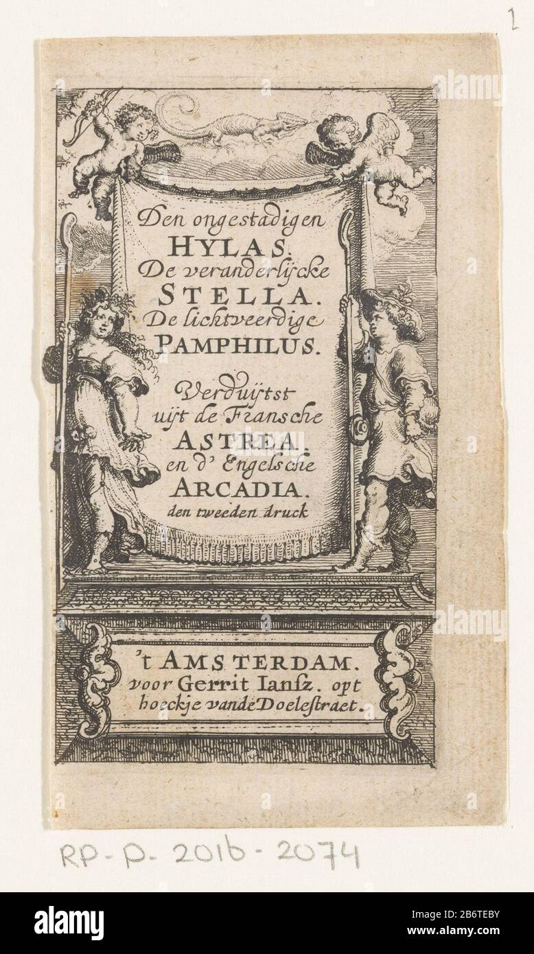 Herderin en herder Titelpagina voor Johan van Heemskerk, Den ongestadigen Hylas, De veranerlijcke Stella, De lichtveerdige Pamphilus, 1636 Een herderin en herder met staf staan aan weerszijden van een doek met titel. Het doek wordt vastgehuden porta twee putti. Zampino in en salamander in de wolken. Produttore : prentmaker: Anoniemuitgever: Gerrit Jansz. (Vermeld op object)Plaats manufacture: Amsterdam Dating: 1636 Materiale: Papier Techniek: Etsen dimensioni: Blad: H 119 mm (Binnen de plaatand afgesneden.) × b 68 mm (Binnen de plaatand afgesneden.)ToelichtingTitelpagina voor: Heemsker Foto Stock