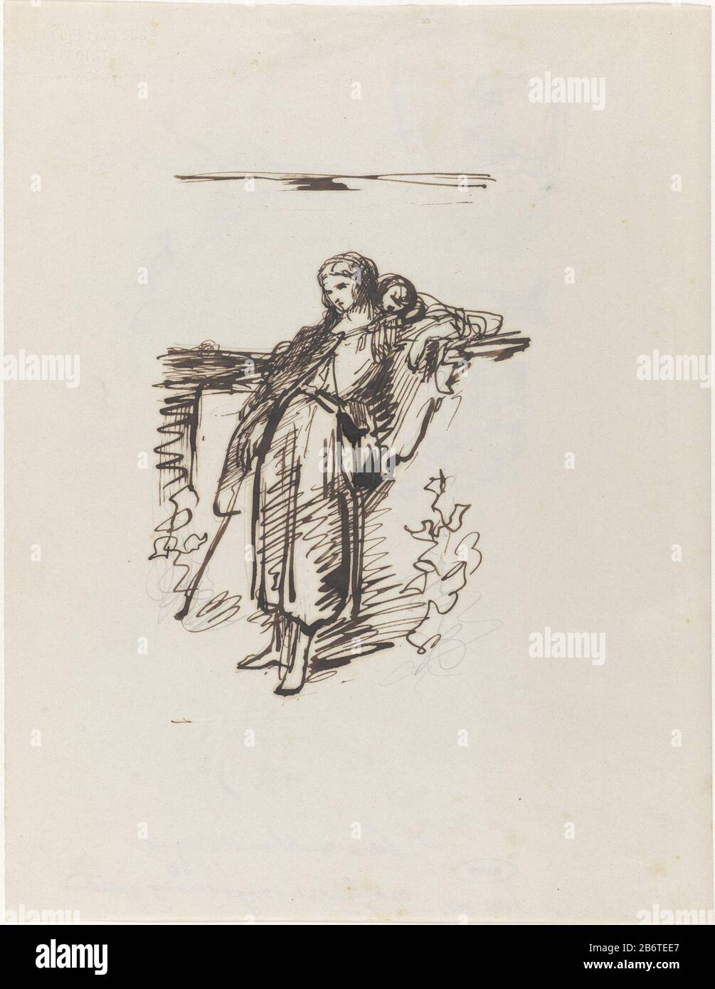 Herderin Shepherdess Property Type: Drawing Object Number: RP-T-1989-243 (R) Manufacture Creator: Artist Johan Michael Schmidt Crans Datato: 1840 - 1907 caratteristiche Fisiche: Penna in marrone, matita, inchiostro materiale: Carta inchiostro matita Tecnica: Penna dimensioni : h 275 mm × W 213 mm Oggetto: herding, herdsman, herdswoman, pastore, pastorella, cowherd, e così via Foto Stock