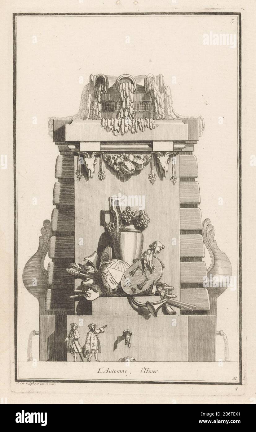 Herfst en winter l'Automne, l'Hiver (titel op object) M Fontaines (seriettel) Nouvelle Iconologie Historique Ou Attributs Hierogliphyques (seriettel) Due uomini si trovano di fronte ad una fontana con un vaso con uva, tusi, maschere, un narrenkop, un globo con segni zodiacali e un corno francese. In cima, ghirlande, teschi di manzo e barili. Numero Di Stampa 5. Produttore : printmaker: Jean-Charles Delafosse (edificio elencato) nella sua progettazione: Jean-Charles Delafosse (edificio elencato) Editore: Jacques-François ChéreauPlaats fabbricante: Paris Data: 1768 - 1771 caratteristiche Fisiche: Acquaforte e engra materiale: PAP Foto Stock