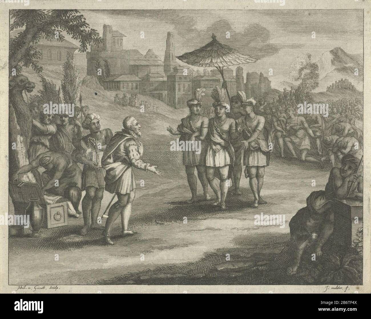 Hernán Cortés incontra Montezuma in Tenochtitlan, 1519 Tipo Di Oggetto : stampa storia immagine libro illustrazione numero articolo: RP-P-1907-4758 Iscrizioni / marchi: Marchio del collettore, retro centro inferiore, stampato: Lugt 2228nummer, vero centro destra, ha scritto: '137 'Descrizione: Cortes met Montezuma fuori dalla città di Tenochtitlan. Gli offre doni. Alle spalle di Montezuma inginocchiano Aztechi per il loro koning. Produttore : stampatore: Philip of Grace (indicato dall'oggetto) è progettato da: J. Detector (indicato dall'oggetto) Luogo di produzione: Amsterdam Data: 1685 - 1732 Caratteristiche Fisiche: Etching e engra Foto Stock