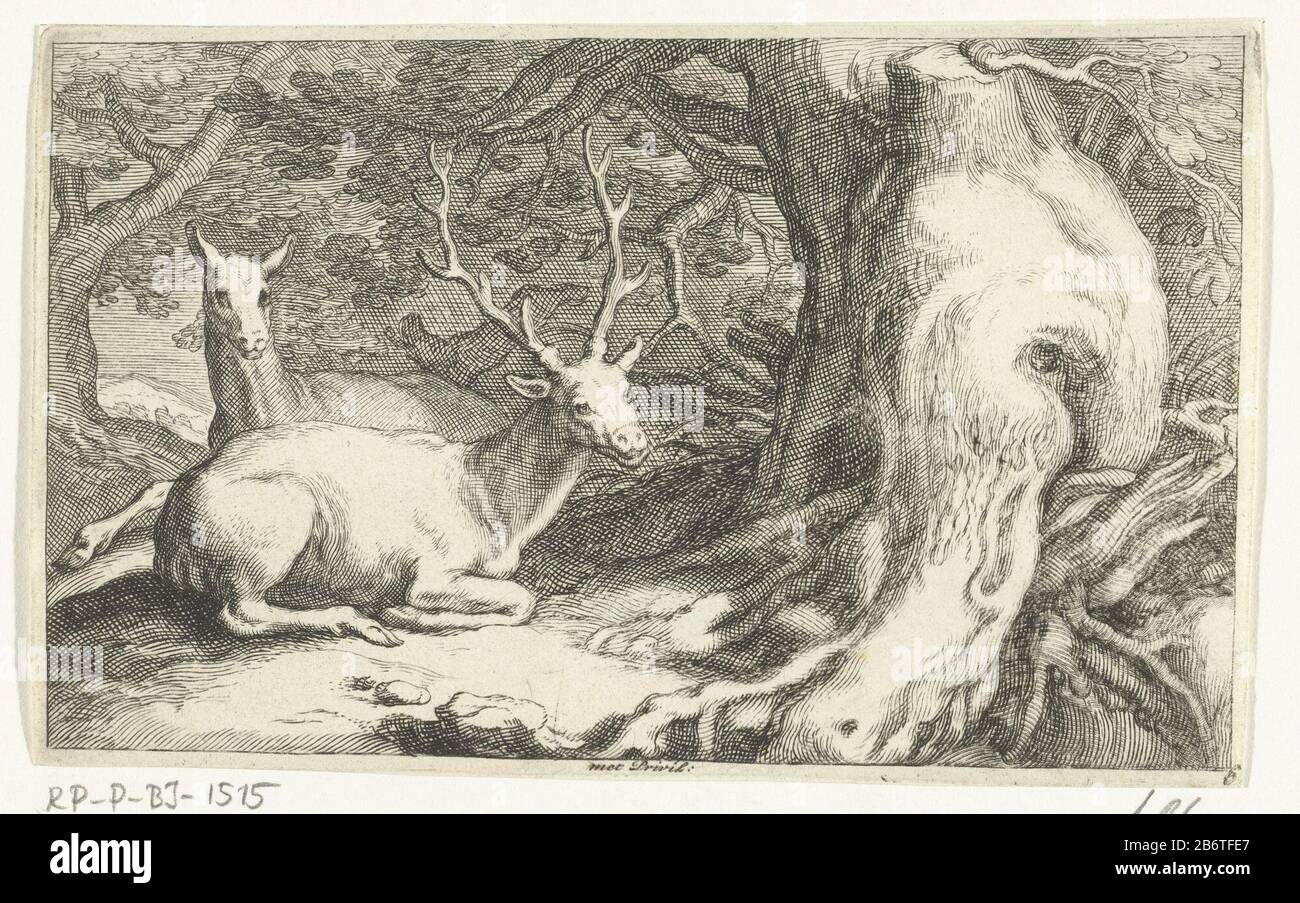 Herten Dieren (seriettel) due cervi che si trovano ai piedi di un albero enorme. Stampare una serie di 14 stampe con dieren nativo diverso. Produttore : stampatore: Frederick Bloemaert a disegno di Abraham Bloemaert Editore: Nicolaes Visscher (i) fornitore di privilegio: Stati Generale (proprietà elencata) Luogo fabbricazione: Stampatore: Utrecht Editore: Amsterdam Data: Dopo 1635 - 1670 caratteristiche Fisiche: Engra e materiale di incisione: Tecnica della carta: Engra (processo di stampa) / dimensioni di incisione: Foglio: H 98 mm × L 155 mm Oggetto: Animali con cappuccio: Cervi Foto Stock