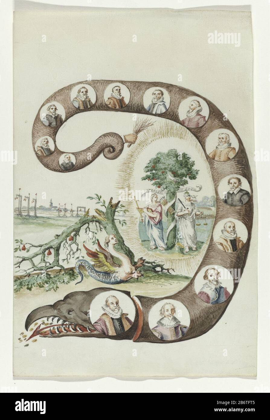 Het Arminiaans Serpent Rettspleging van Oldenbarnevelt (seriettel) Acquerello Dove: Al mostro marino con testa tagliata. Nel campione 13 cerchi contenenti ritratti. Sullo sfondo un gaves sinistro e destro due angeli sotto l'albero con segni che indicano. Con Note Scritte A Mano. Facendo parte della serie di colori di acqua in boek. Produttore : relatore: Anonymous location manufacturing: The Netherlands Data: 1708 - 1795 caratteristiche Fisiche: Penna in rosso e marrone, su pergamena materiale: Pergamena acquerello tecnica: Penna dimensioni: Acquerello: H 23.5 cm. B × 19 cm. Oggetto: Condanna Foto Stock