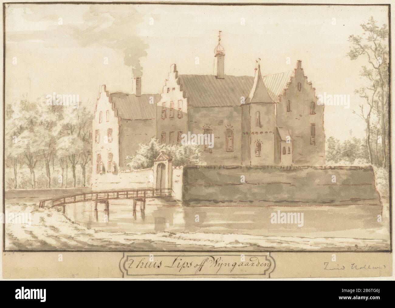 Het Huis Lips of Wijngaarden Home Lips of Vineyards Property Type: Drawing Object number: RP-T 1918-409 fabbricante : artista: Abraham de Haen (II) Datato: 1717 - 1748 caratteristiche Fisiche: Matita, penna e pennello in marrone, gesso rosso materiale: Matita carta tecnologia inchiostro: Dimensioni penna / pennello: H 171 mm × W 242 mm Oggetto: Capovolgimenti del castello di edifici storici, siti, strade, ecc. (CON NOME) Foto Stock