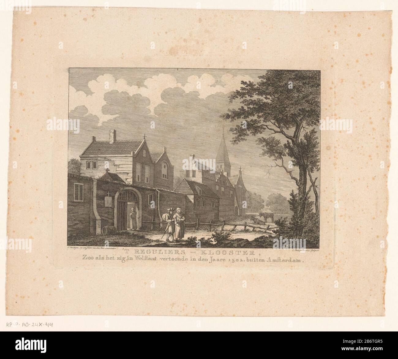 Het Reguliersklooster buiten Amsterdam, 1502 't Reguliers-Kooster, Zoo als het zig in Welstant vertoonde in den Jaare 1502 buiten Amsterdam (titel op Object) Vista Del monastero Regolare fuori le mura della città di Amsterdam (dietro Regulierspoort), la situazione intorno al 1502. Produttore : Printmaker: Caspar Jacobsz. Philips (indicato sull'oggetto) a un progetto di: Jacobus Versteegen (indicato sull'oggetto) a disegno di: Andries Schoemaker (indicato sull'oggetto) Luogo di produzione: Amsterdam Data: 1752 - 1789 Materiale: Carta Tecnica: Etching / engra (processo di stampa) Misure: Bordo lastra: H Foto Stock
