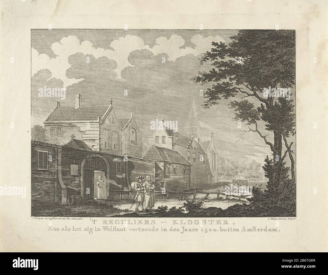 Het Reguliersklooster buiten Amsterdam, 1502 't Reguliers-Kooster, Zoo als het zig in Welstant vertoonde in den Jaare 1502 buiten Amsterdam (titel op Object) Vista Del monastero Regolare fuori le mura della città di Amsterdam (dietro Regulierspoort), la situazione intorno al 1502. Produttore : Printmaker: Caspar Jacobsz. Philips (indicato sull'oggetto) a un progetto di: Jacobus Versteegen (indicato sull'oggetto) a disegno di: Andries Schoemaker (indicato sull'oggetto) Luogo di produzione: Amsterdam Data: 1752 - 1789 Materiale: Carta Tecnica: Etching / engra (processo di stampa) Misure: Bordo lastra: H Foto Stock
