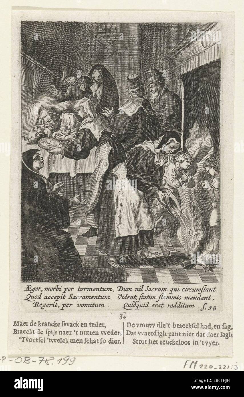 Het braaksel in het vuur geworpen, 3 Het Mirakel van Amsterdam (kopie), 1345 (seriettel) l'infermiera solleva il vomito con l'ospite nel calore del fuoco, a sinistra. Nel fuoco appaiono due angeli sullo sfondo vomitano malato dall'ospite. N. immagine 3 nella serie di 16 spettacoli del Miracolo di Amsterdam, agli eventi del 15 marzo 1345. Copie della serie Bolswert. Tra gli spettacoli al piatto inciso un versetto a sei righe in latino, tra cui un versetto a sei righe in letterpress in Nederlands. Produttore : printmaker: Anonimo da stampare da: Boëtius Adamsz. BolswertPlats produce: Netherlan Foto Stock