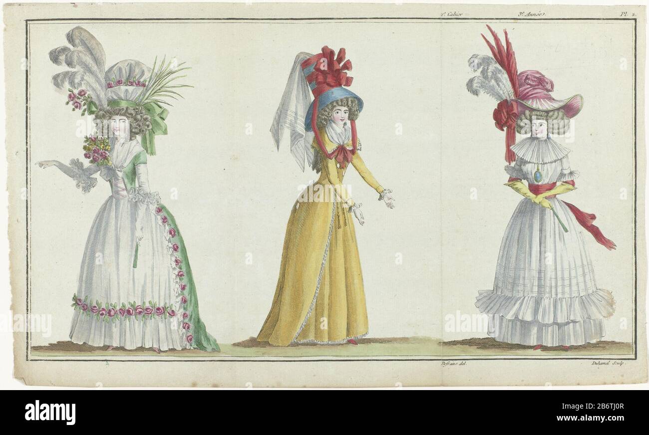 Sinistra: Donna in un vestito di raso verde, tulle e decorato con una garland di rose. Medio: Donna in una gonna arancione e redingote. Cappello blu satinato. Destra: Donna in una chemise di mussola doppia falbala e una cinghia larga. Sulla testa un 'chapeau à la chinoise. La foto fa parte della 2nd Cahier, 3e année, di Magasin des Modes Nouvelles et Françaises Anglaises. La serie è composta da 172 stampe di moda, pubblicate da Buisson, Parigi 20 novembre 1786-21 dicembre 1789. Produttore : stampatore: A. B. Duhamel (indicato sull'oggetto) a disegno di: Defendaine (indicato sull'oggetto) editore: Buisson Foto Stock
