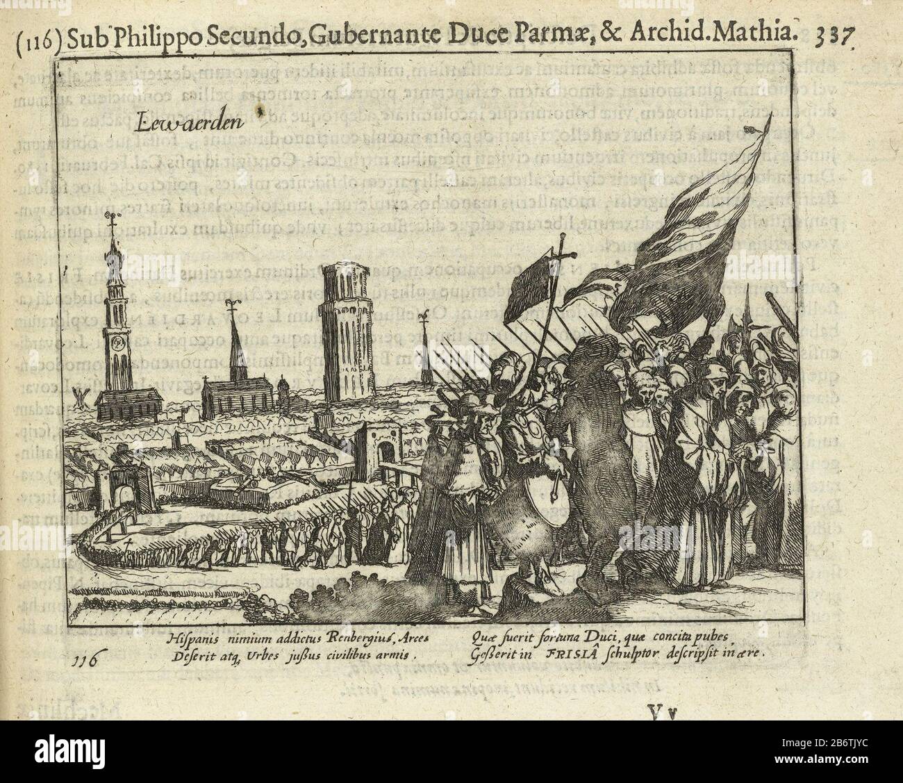 Het kasteel te Leeuwarden porta de burgers bezet, 1580 Castello Leeuwarden conquistata dai cittadini degli spagnoli e dei cattolici guidato dalla città, 1st febbraio 1580. Una processione di monaci che vengono condotti fuori dalla città dai soldati. Con firma di quattro righe in latino. Numerato 116. Stampato su verso con testo in Latijn. Produttore : stampatore Simon Frisiusuitgever Michiel Colijn Luogo produzione: Stampatore: Northern Netherlands Editore: Amsterdam Data: 1613-1615 e / o 1621-1622 caratteristiche Fisiche: Acquaforte materiale: Tecnica di incisione dimensioni: Bordo della piastra : h 133 mm × W. Foto Stock