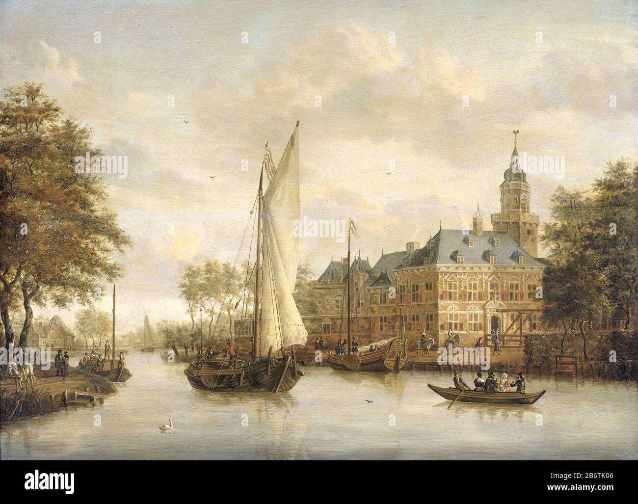 Het kasteel Nijenrode aan de Vecht bij Breukelen, SK-A-1289 Castello di Nyenrode sul Vecht a Breukelen. Uno yacht è ancorato al castello. Sull'acqua del Vecht una chiatta e una barca a remi, un trekschuit sinistra. Produttore : pittore: Jacobus Storck datazione: 1660 - 1686 caratteristiche Fisiche: Olio su pannello materiale: Pannello olio dimensioni: Supporto: H 47 cm. B × 63,5 cm. D × 1,0 cm. Dimensioni esterne: 5,0 cm d. (Compreso il vettore SK-L-2337.) Soggetto Dove: Castello Nyenrode Foto Stock