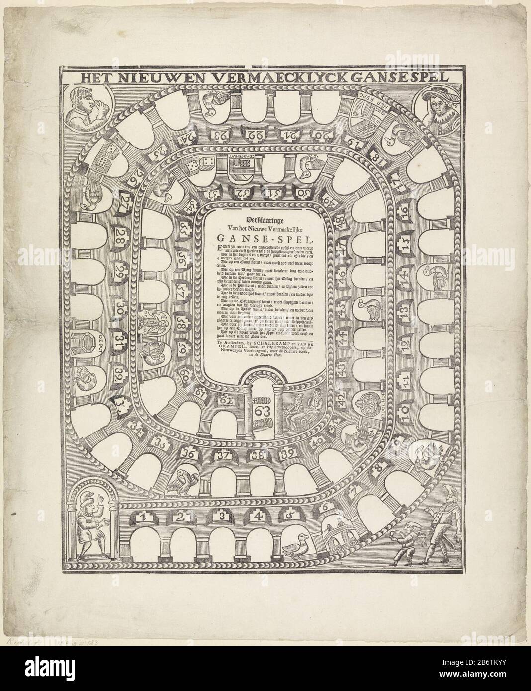 Het nieuw en vermaecklcye Gansespel (titel op Object) gioco da tavolo con una spirale di 63 spazi numerati. Nel campo intermedio le regole in letterpress. In più scatole raffiguranti un gans. Produttore : editore: Schalekamp & The Grampel (edificio elencato) printmaker: Anonimo luogo produzione: Amsterdam Data: 1788 - 1820 caratteristiche Fisiche: Legno tagliato e testo materiale di stampa: Carta Tecnica: Legno / stampa formati: Foglia: H 563 mm × W 466 mm Oggetto: Giochi da tavolo di gioco di carte goose-game Foto Stock