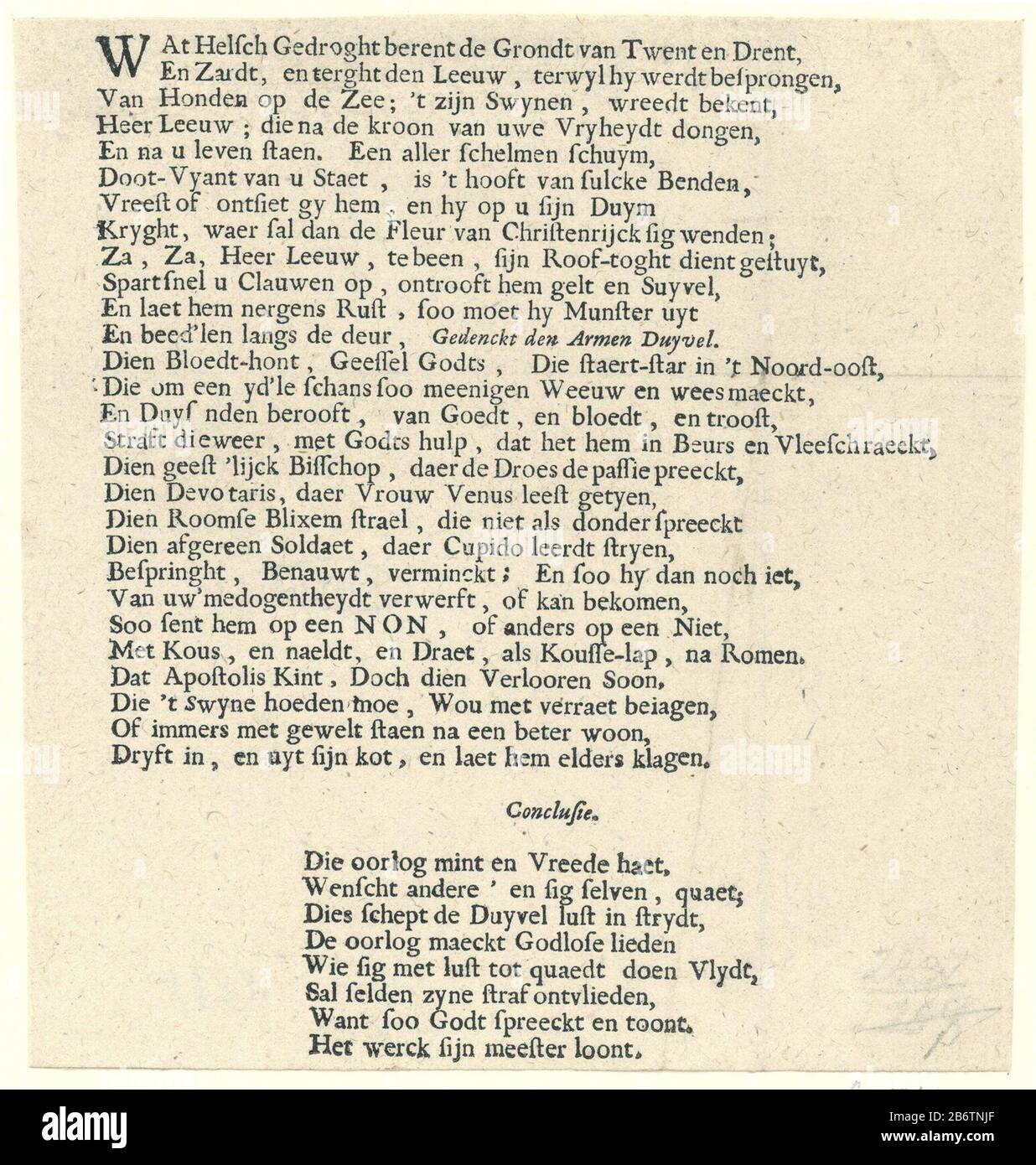 Het vers bij de prent van de Bisschop op op de Bagijn, 1672 foglia di testo con un versetto olandese a 28 righe seguito Da Una Conclusione achtregelige. Associato alla stampa del Vescovo sul Bagijn dal 1672. Produttore : autore: Anonymous place manufacturing: Northern Netherlands Data: 1672 caratteristiche Fisiche: Testo materiale di stampa: Carta Tecnica: Letterpress dimensioni: Foglio: H 138 mm × W 130 mm Oggetto: Disastro anno Quando: 1672 - 1672Wie: Christoph Bernhard von, vescovo di Münster Galen Foto Stock