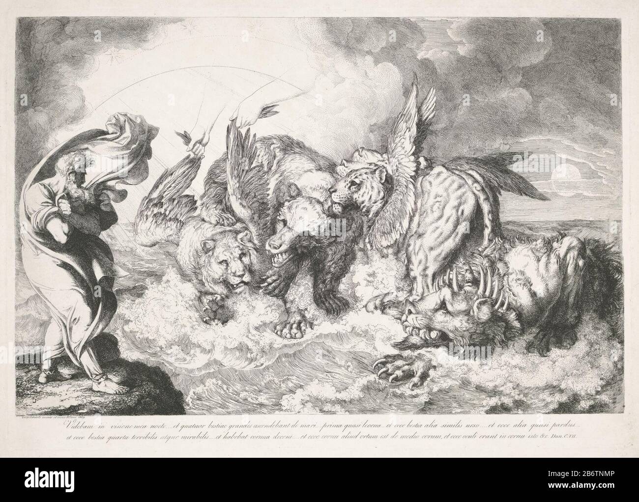 In un sogno notturno vede il profeta Daniele come i quattro venti portano il mare in agitazione. Tra onde, quattro grandi animali. La prima bestia come un leone con le ali dell'aquila, la seconda un orso, la terza un leopardo con quattro teste e quattro ali di uccelli sulla sua schiena e la quarta ha grandi denti di ferro e dieci corna e terra o schiacciato tutto ciò che è venuto il suo modo . Sulla sua testa cresce un corno con gli occhi umani e 'una bocca che parla grandi cose.' testo in latino in ondermarge. Produttore : stampatore Luigi Sabatelli (i) (edificio elencato) nel suo disegno: Luigi Sabatelli (i) (oggetto elencato) Luogo Foto Stock