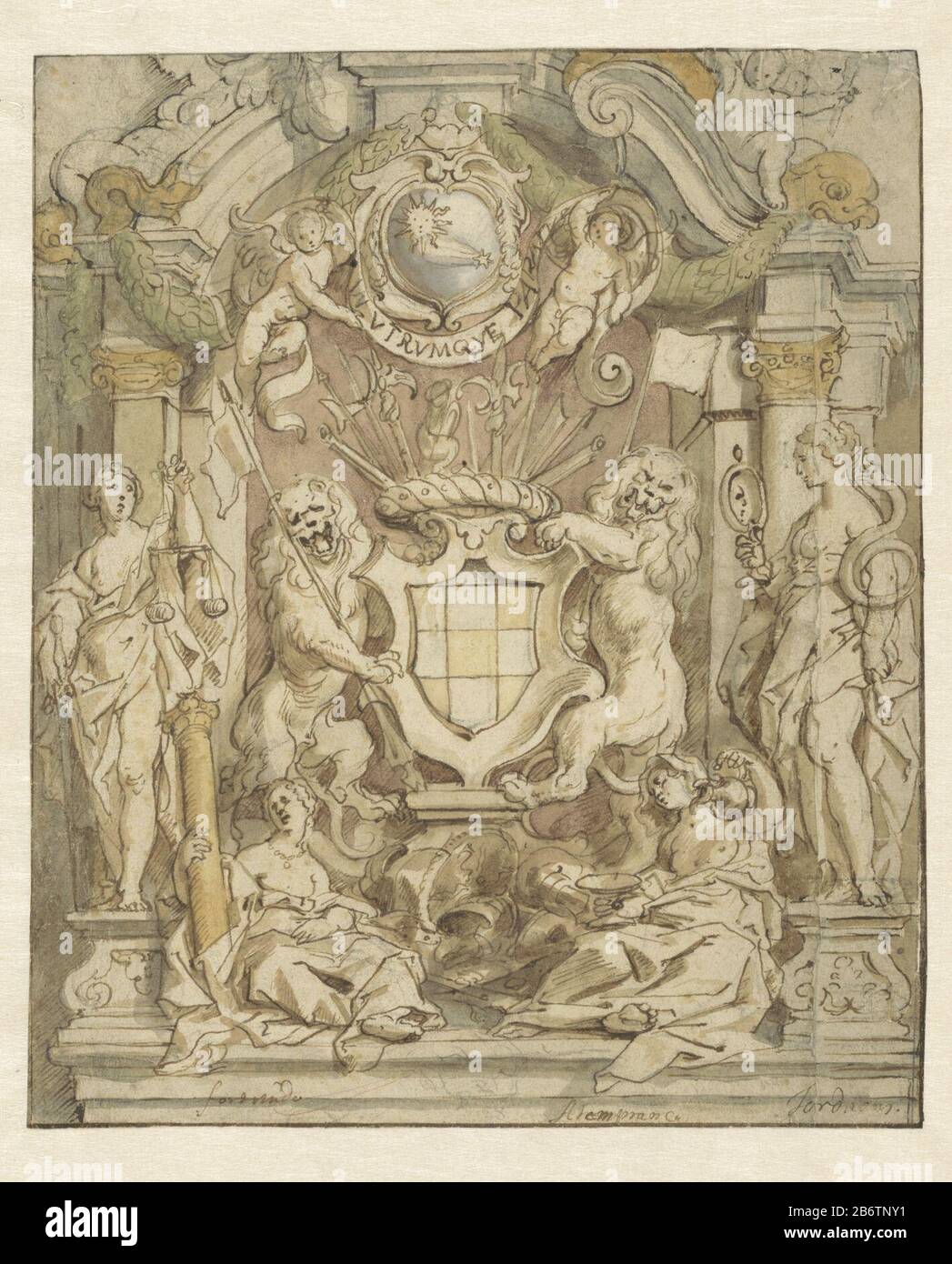 Het wapen van der Linden In utrombque paratus (titel op object) modello con stemma e figuren allegorico. Produttore : artista: Jacob Jordaens ( i) (edificio elencato) Datato: 1630 - 1635 caratteristiche Fisiche: Penna e pennello in marrone, pennello in acquerello a colori, gesso nero materiale: Carta inchiostro gesso acquerello tecnica: Penna / pennello dimensioni: H 297 mm × W 248 mm Oggetto: Armorial Bearing, heraldry (van der Linden) - cappotto di armsarmoral Bearing, heraldry (DE CANOLLE) - dispositivo, mottoTemperance, 'Temperance'; 'Temperanza '(Ripa)  uno dei Quattro Cardinal VirtuesPrudence,' Prudentia Foto Stock