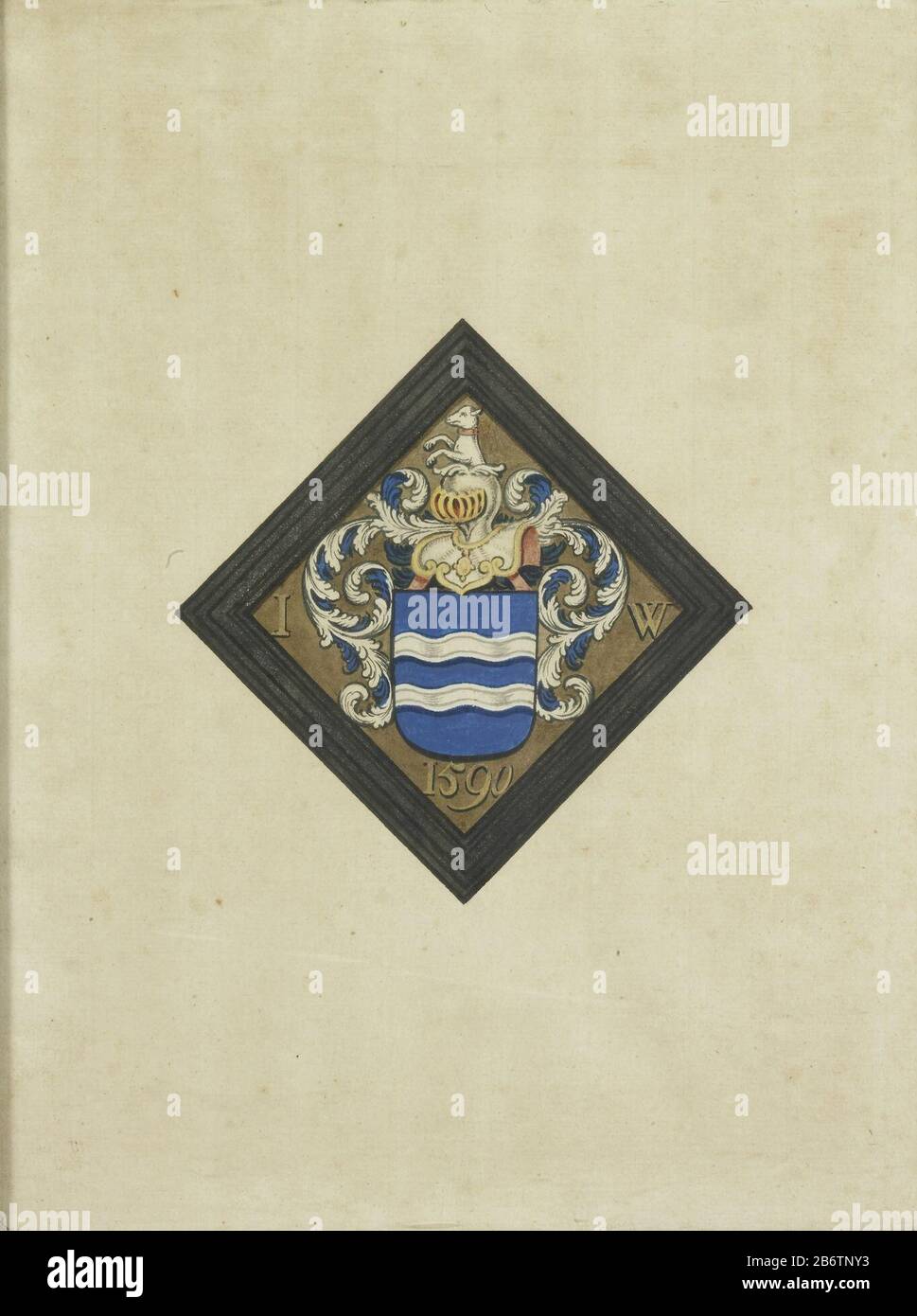 Het wapen van de familie de Witte, naar een ruitvormig rouwbord met de initialen i W aan weerskanten van het schild en het jaartal 1590, SK-A-939 le braccia della famiglia White, una lapide a forma di diamante con le iniziali IW su entrambi i lati dello scudo e l'anno 1590. Parte di una serie di armi appartenenti alla donazione Esquire J. White Citters, l'Aia, 1876. Parte della collezione di oggetti araldici. Fabbricazione Vervaardiger: Pittore: Anonymous location manufacture: Northern Netherlands Data: 1750 - 1799 caratteristiche Fisiche: Acquerello materiale: Carta acquerello dimensioni Foto Stock
