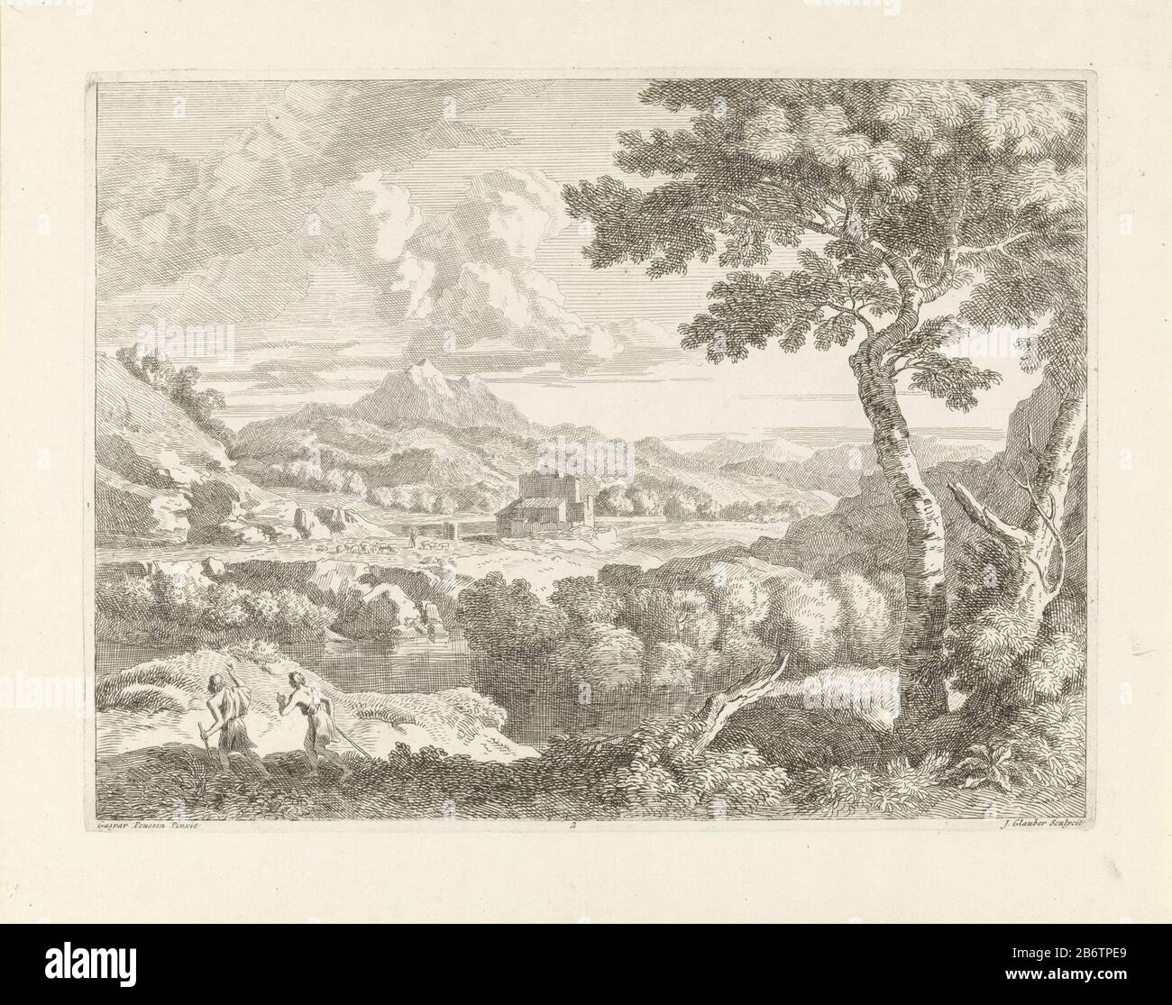 Heuvelachtig landschap ha incontrato herders Landschappen naar Gaspar Poussin (serietAlberghi) paesaggio Collinare con una casa in lontananza. In primo piano due pastori erranti. La stampa fa parte di una serie di paesaggi dipinti di Gaspar Poussin. Produttore : stampatore John Glauber (proprietà in elenco) alla pittura: Gaspard Dughet (proprietà in elenco) Luogo fabbricazione: Sconosciuto Data: 1656 - 1726 caratteristiche Fisiche: Materiale di attacco: Tecnica della carta: Dimensioni di attacco: Bordo della piastra: H 294 mm × W 391 mm Oggetto: (Alto) collina (+ paesaggio con figure, bastone) herdsman, herdswoman, pastor, s Foto Stock