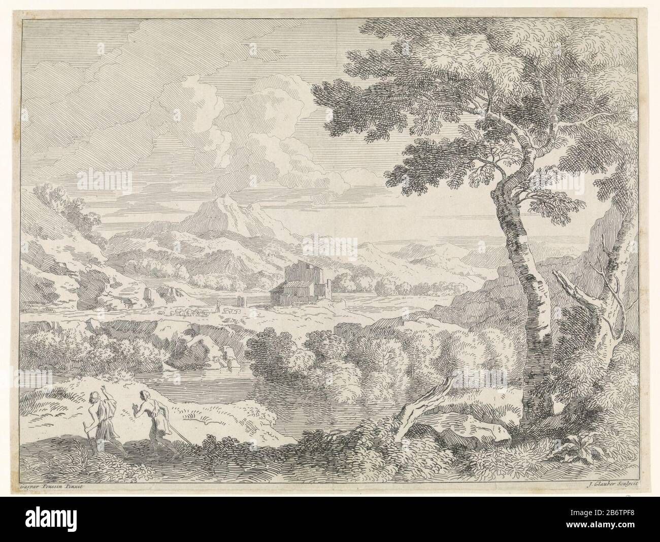 Heuvelachtig landschap ha incontrato herders Landschappen naar Gaspar Poussin (serietAlberghi) paesaggio Collinare con una casa in lontananza. In primo piano due pastori erranti. La stampa fa parte di una serie di paesaggi dipinti di Gaspar Poussin. Produttore : stampatore John Glauber (proprietà in elenco) alla pittura: Gaspard Dughet (proprietà in elenco) Luogo produzione: Sconosciuto Data: 1656 - 1726 caratteristiche Fisiche: Materiale di attacco: Tecnica della carta: Dimensioni di attacco: Foglio: H 301 mm × W 395 mm Soggetto: (Alto) collina (+ paesaggio con figure, bastone) herdsman, herdswoman, pastore, shephe Foto Stock