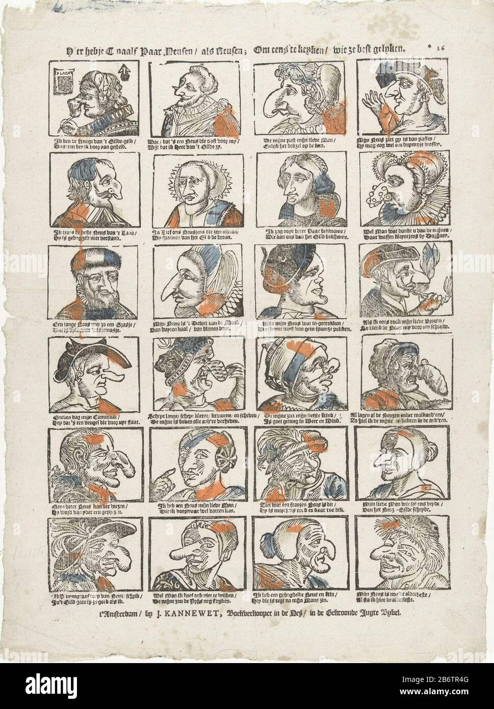 Hier hebje twaalf paar neusen als reusen Om eens de keyken wie ze Best gelyken (titel op object) foglio con 24 rappresentazioni comiche di figure con nasi grandi e deformate. Sotto ogni immagine un verso a due linee. Numerato a destra: * 26. Produttore : editore: John Kannewet (II) (riferito all'oggetto) tipografia: Anonimo luogo fabbricazione: Editore: Amsterdam Stampa autore: The Netherlands Data: 1725 - 1780 caratteristiche Fisiche: Legno blocco colorato in blu e arancione; testo materiale di stampa: Carta Tecnica: Legno / stampa / colore dimensioni: Foglio: H 411 mm × L 305 mm Oggetto: Ca Foto Stock