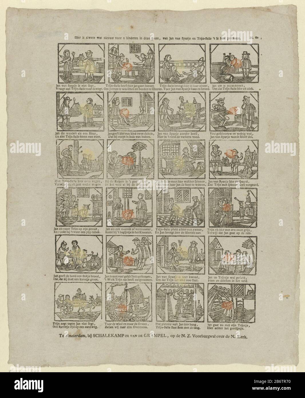 Hier è alweer wat nieuws voor u kinderen in deze prent, van Jan van Spanje en Trijn-Salle 't è pertinente al tallone (titel op Object) Leaf con 24 spettacoli sulla vita di Giovanni di Spagna e Trijn Sage. Sotto ogni immagine un verso a due linee. Numerato a destra: N.80. Produttore : tipografia: G.N. Garama (edificio elencato) Venditore: Schalekamp & The Grampel (edificio elencato) editore: Jan de Lange (II) Luogo di produzione: Printmaker Amsterdam Venditore: Amsterdam Editore: Deventer Data: 1806 - 1837 caratteristiche Fisiche: Legno tagliato e testo materiale di stampa: Carta Tecnica : legno / formati di stampa: Foglio: H Foto Stock