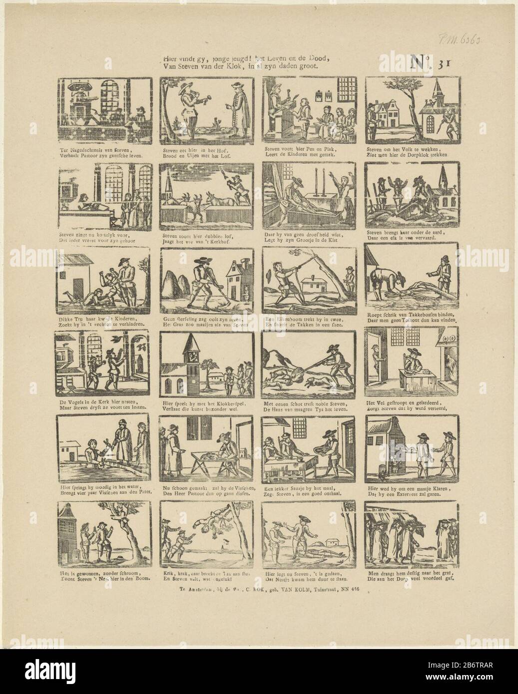 Hier vindt gy, jonge jeugd het leven en de dood, Van Steven van der Klok, in al zyn daden Groots (titel op Object) Leaf con 24 performance sulla vita di Steven van der Klok . Sotto ogni immagine un verso a due linee. Numerato in alto a destra: N. 31. Produttore : editore: Vedova C. Cook-van Kolm (edificio elencato) stampatore: Anonimo luogo fabbricazione: Editore: Amsterdam Stampa autore: Paesi Bassi Data: 1842 - 1866 caratteristiche Fisiche: Legno tagliato e testo materiale di stampa: Carta Tecnica: Legno / stampa formati: Foglia: H 400 mm × W 320 mm Oggetto: storie e fata morte per incidente (non-violento Foto Stock