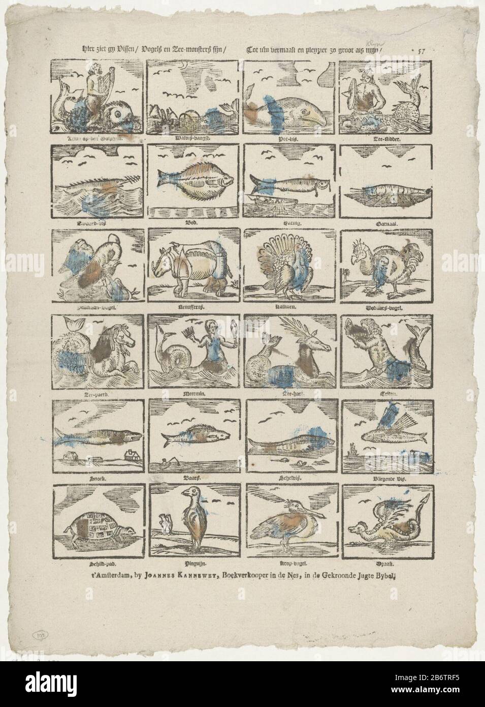 Hier ziet gy vissen vogels en zee-mostri fijn Tot uw vermaak en pleyzier zo groot als klijn (titel op Object) foglio 24, rappresentazioni di animali, come un delfino, un rinoceronte, un luccio e una tartaruga. Sotto ogni immagine, il nome dell'animale. Numerato in alto a destra: * 57. Produttore : editore John Kannewet (II) (edificio elencato) stampatore: Anonimo (proprietà elencata) Luogo di produzione: Amsterdam Data: 1725 - 1780 caratteristiche Fisiche: Legno colorato in blu, giallo e arancione; testo materiale di stampa: Carta Tecnica: Legno / stampa / colore dimensioni: Foglio: H 425 mm × W 307 mm Oggetto Foto Stock