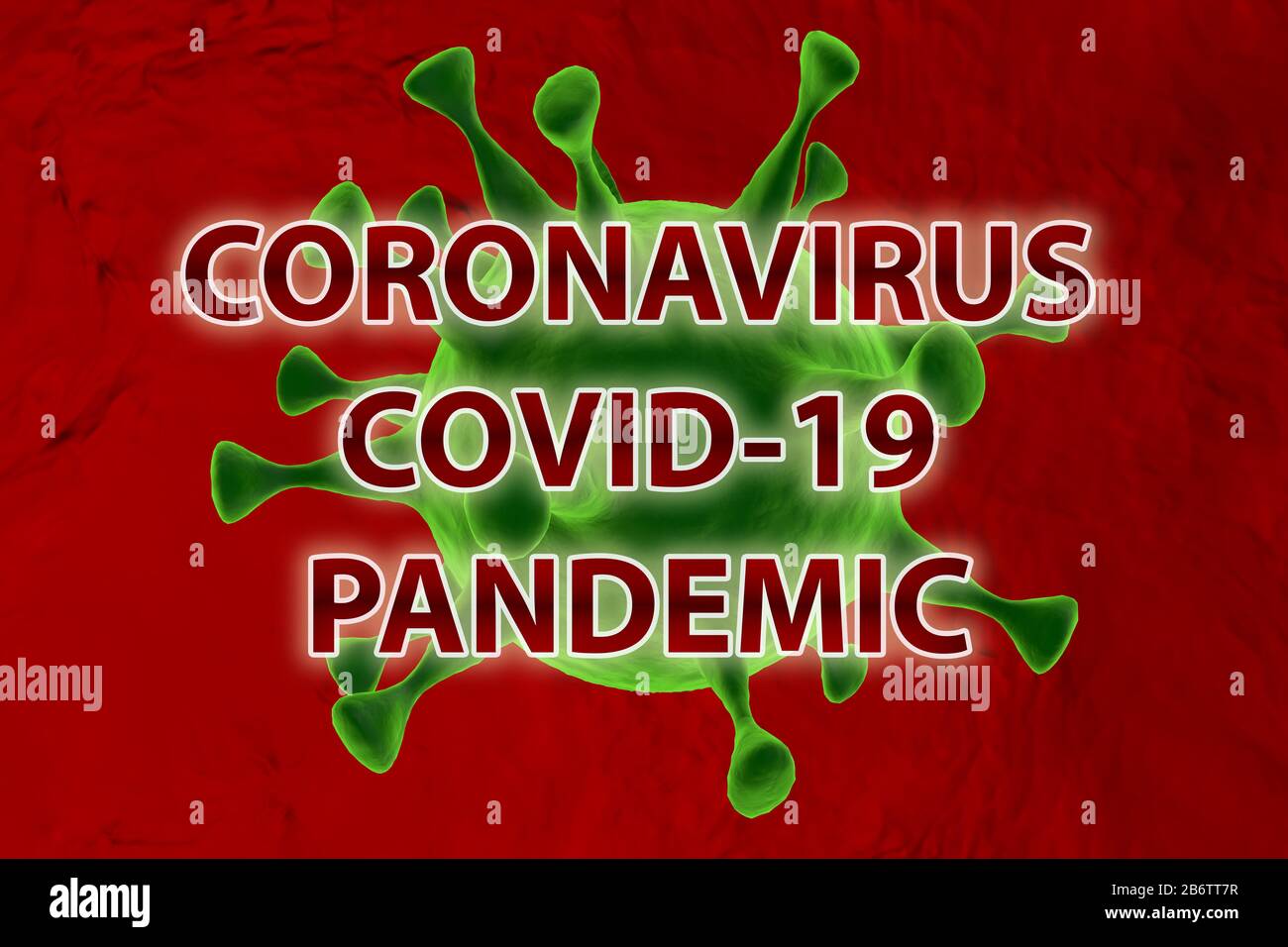 Coronavirus pandemia. Covid-19. Virus verde su sfondo rosso. Foto Stock