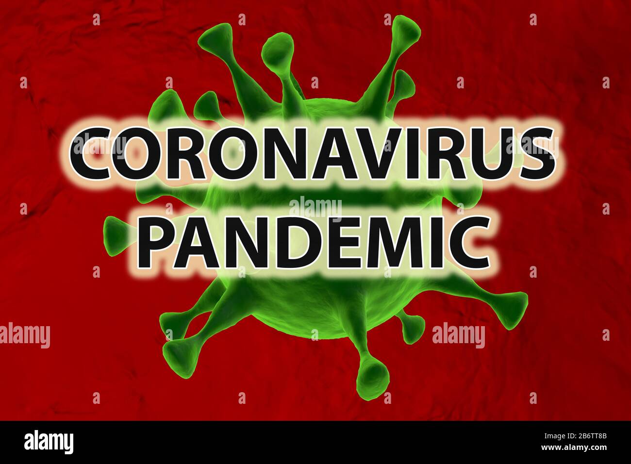 Coronavirus pandemia. Covid-19. Virus verde su sfondo rosso. Foto Stock