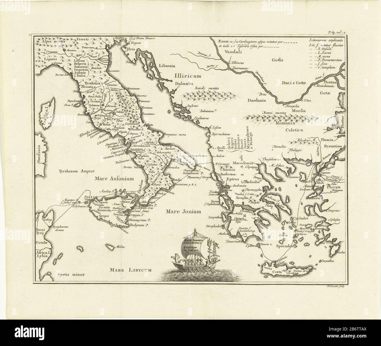 Carta storica della Grecia e dell'Italia Tipo Di Proprietà: Cartolina numero articolo: RP-P-1936-265 Iscrizioni / marchi (verso non visto.) fabbricazione Creatore: Stampatore: Harmanus Condet (edificio elencato) Datato: 1757 - 1765 caratteristiche Fisiche: Engra materiale: Carta Tecnica: Engra (processo di stampa) Misure: Foglio: H 235 mm × 275 mmToelichtingKaart per: P. Virgil Maro (a cura di H. Justice). Opera. [ 'S-Gravenhage, 1757-1765]. Dl 2, pag. 69. Oggetto: Mappe di paesi o regioni distinti in cui la Grecia e l'Italia Foto Stock