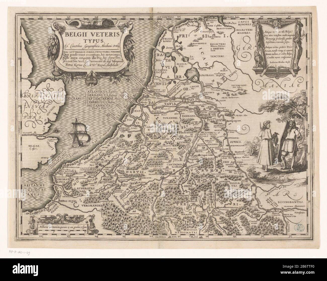 Histische kaart van de Nederlanden belgi Veteris typus ex conatibus geographicis Abraham Ortelii (titel op object) carta storica dei Paesi Bassi in epoca romana. Titolo in alto a sinistra cartouche. Barra in basso a sinistra: Milli aria Germanica, quorum 15 uni laureandi respon. Alto a destra cartouche con un versetto di Ludovico Hondio. Qui di seguito è illustrato un insieme di germanici. Distribuzione dei gradi lungo i bordi. In senso latino testo in letterpress titolo: Vetus Belgica. Produttore : stampatore: Pieter van den Keere (edificio elencato) cartografo Abraham Ortelius (proprietà elencata) scrittore: Ludovico ho Foto Stock